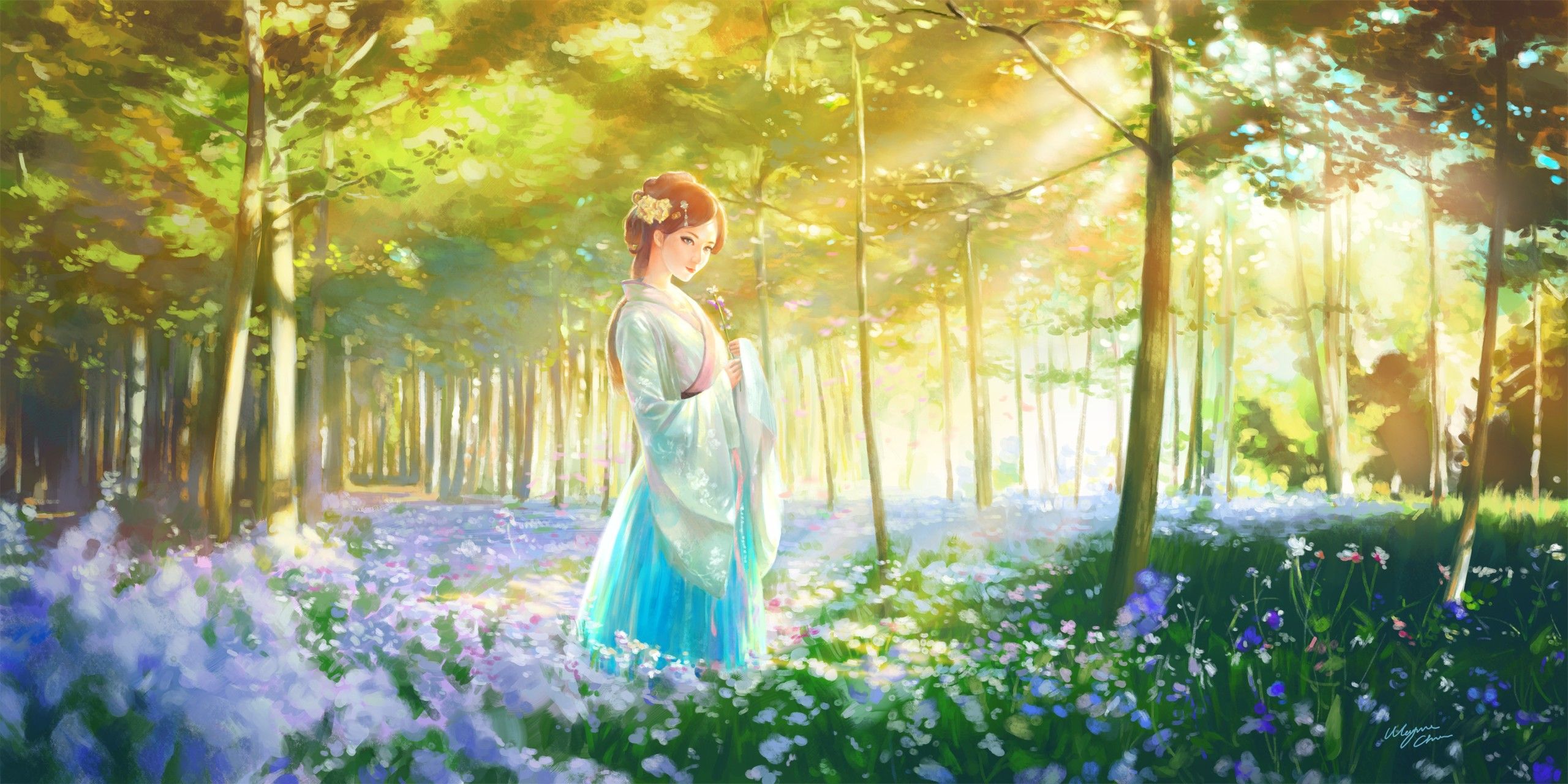 #flowers, #brunette, #forest, #trees, #anime girls, #long