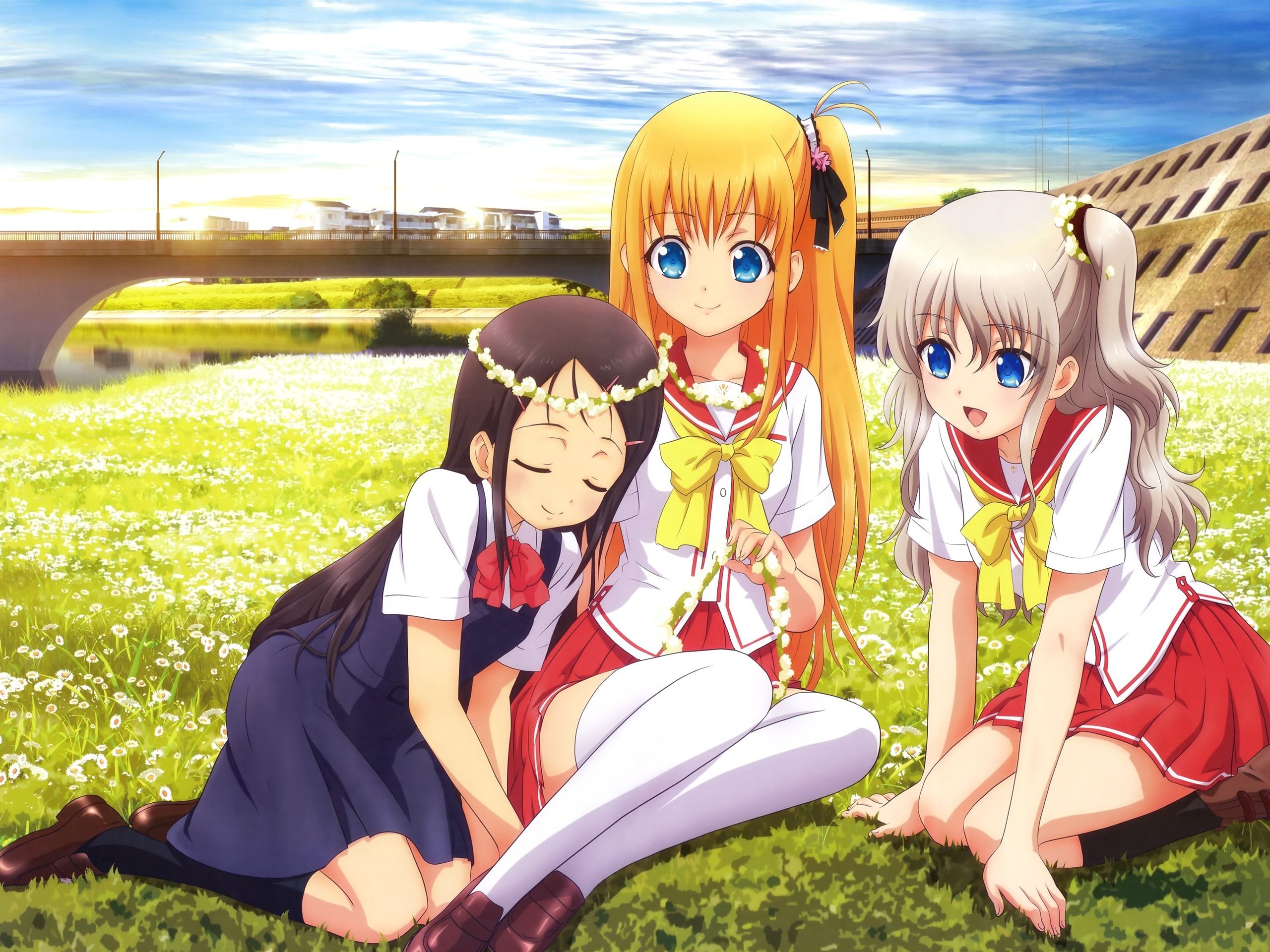 Wallpaper Three anime girls, friends, meadow 3840x2160 UHD 4K