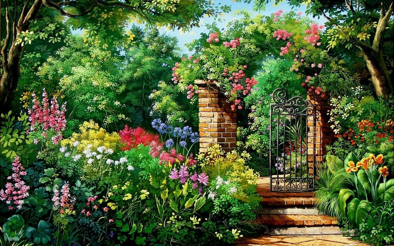 Charming Flowers & Garden Gate wallpaper. Garden painting, Garden
