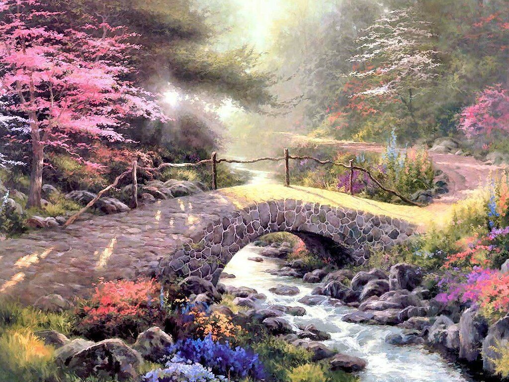Wallpaper Spring Garden Gate. Bridge Thomas Kinkade Painting