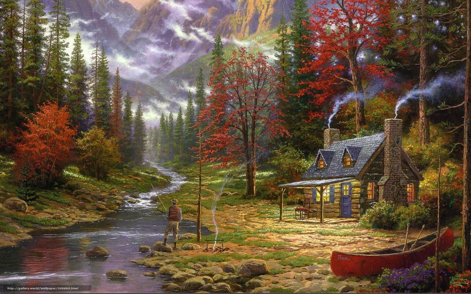 Download wallpaper painting, Thomas Kinkade, Mountains, river free