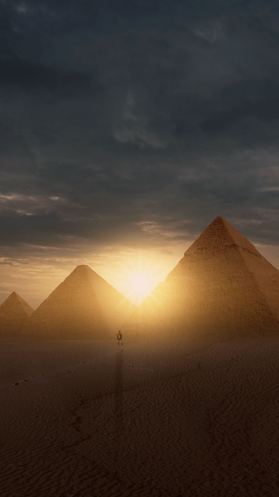 Download wallpaper 938x1668 pyramids, sun, desert, silhouette