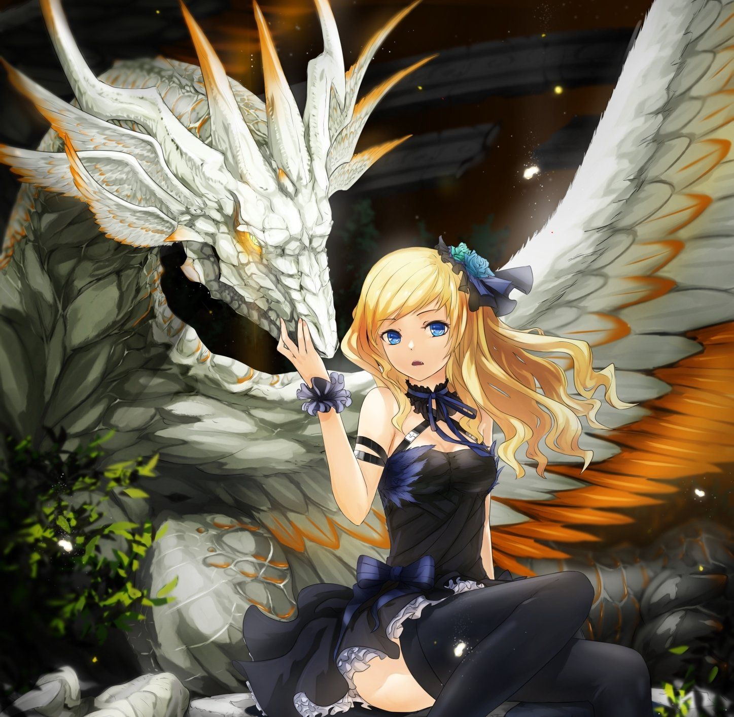 Anime girl dress blonde beautiful white dragon wallpaperx1412