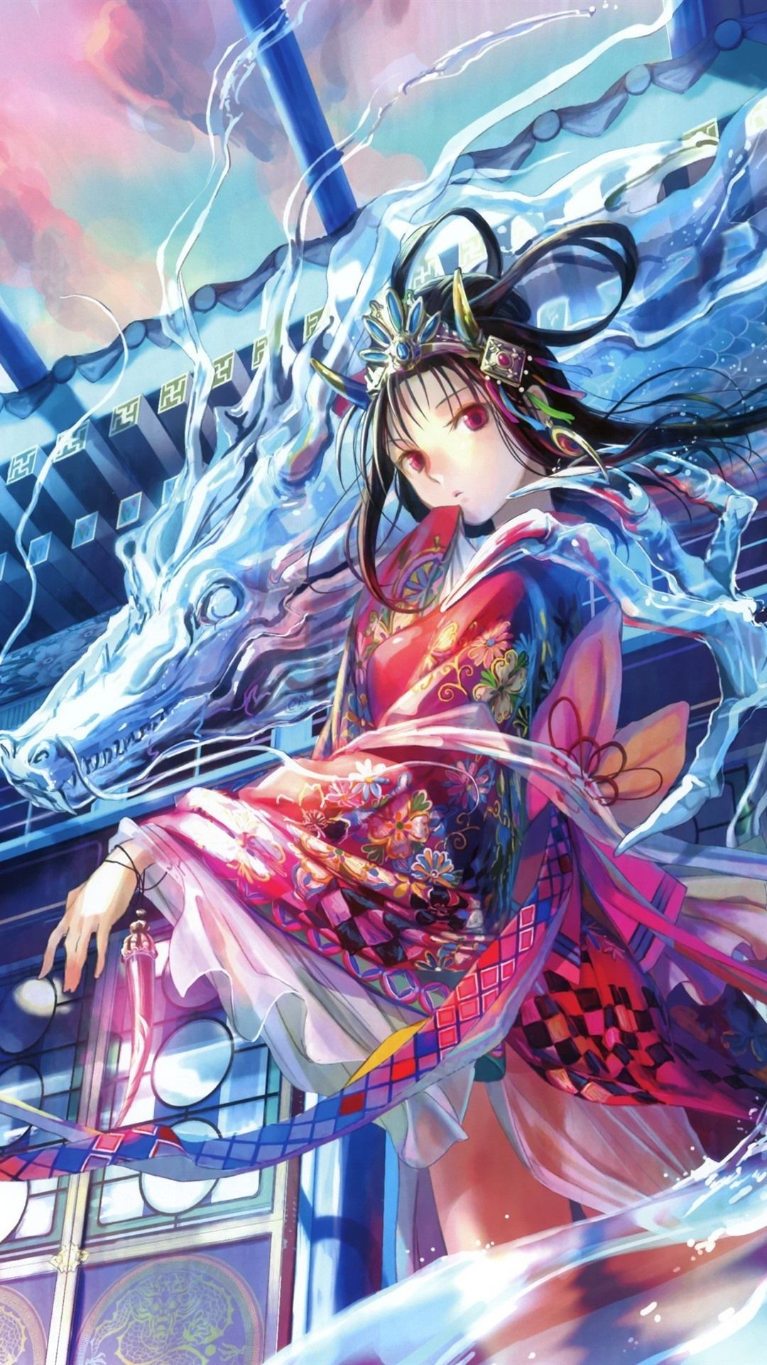 Wallpaper Beautiful Japanese anime girl, dragon 2880x1800 HD