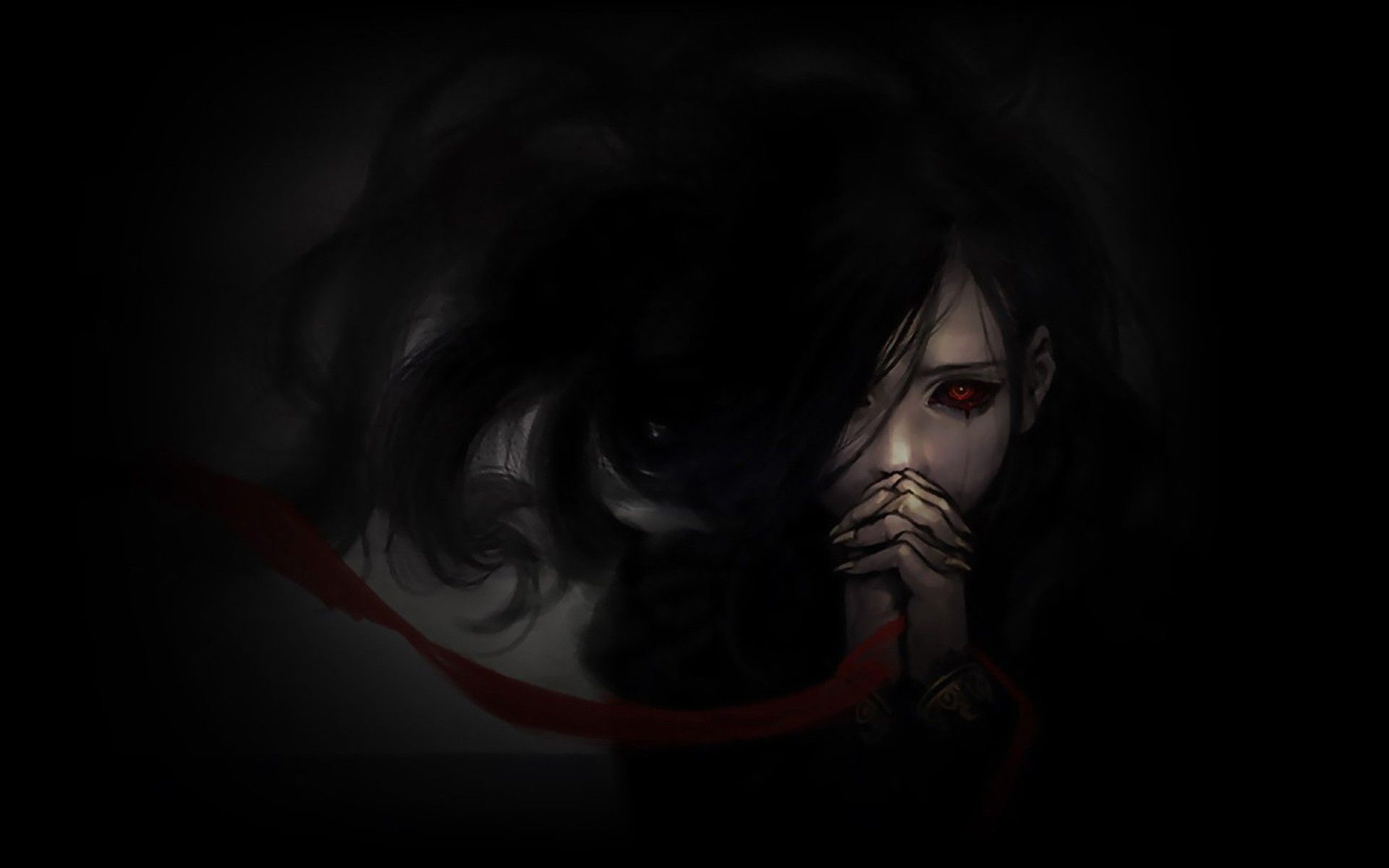 #red eyes, #anime girls, #horror, #blacked out eyes, #dark wallpaper