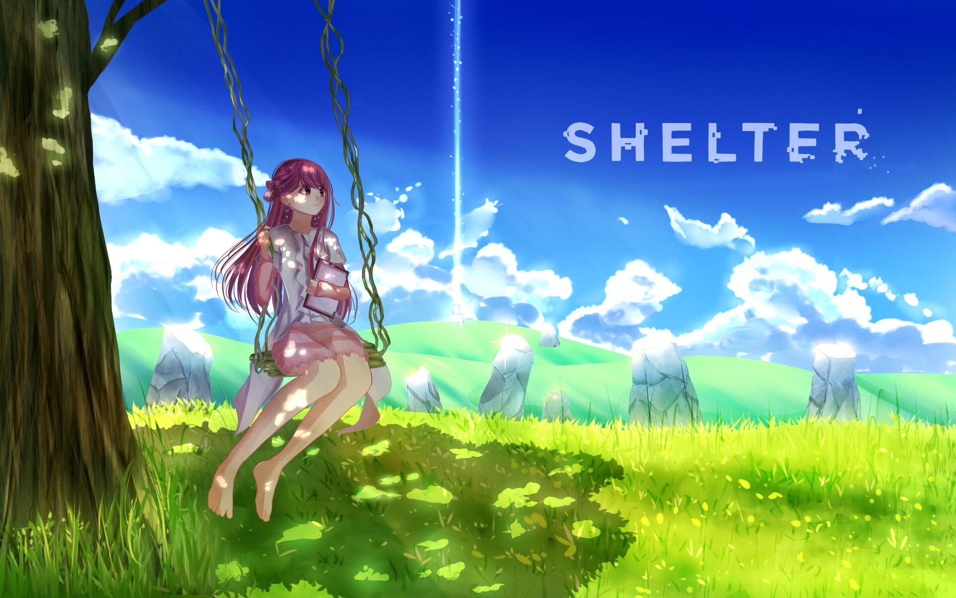 Shelter, Rin, Swing, Landscape, Clouds, Sky, Grass Anime