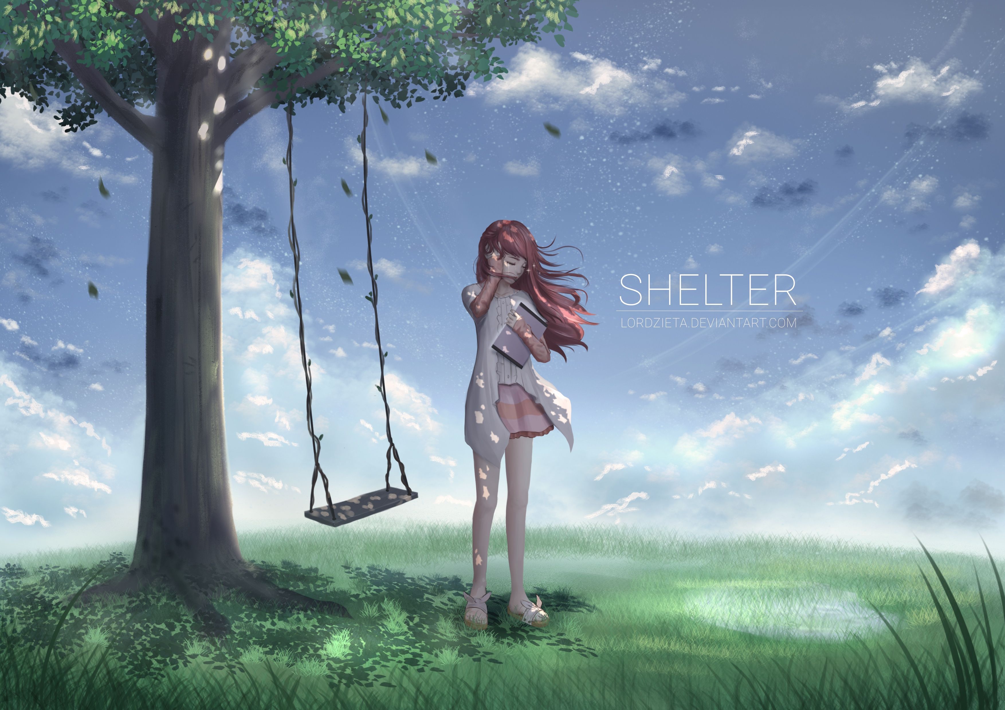 Download 3508x2480 Rin, Shelter, Swing, Wind, Closed Eyes, Anime