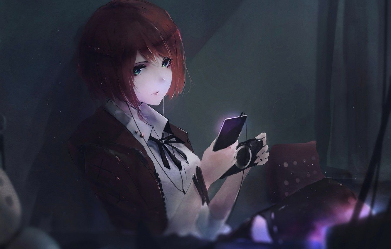 Wallpaper girl, wire, anime, headphones, art, phone, aoi ogata