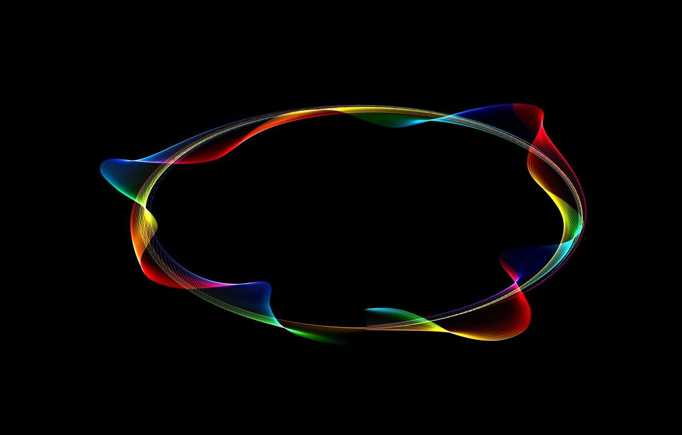 Wallpaper line, abstraction, black background, oval, the colors of the rainbow, neon glow, bends lines image for desktop, section абстракции