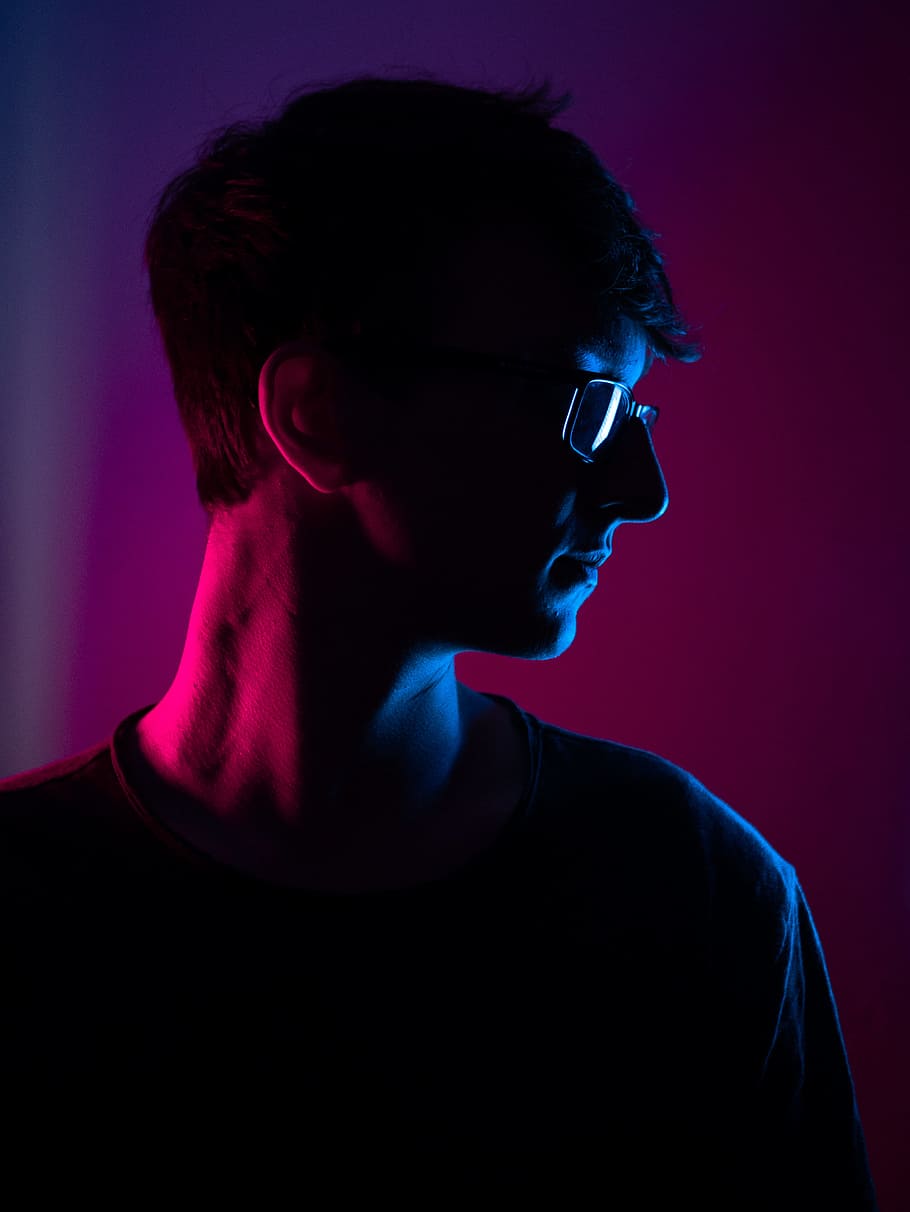 HD wallpaper: man posing for photo, male, light, glasses, neon, blue, purple