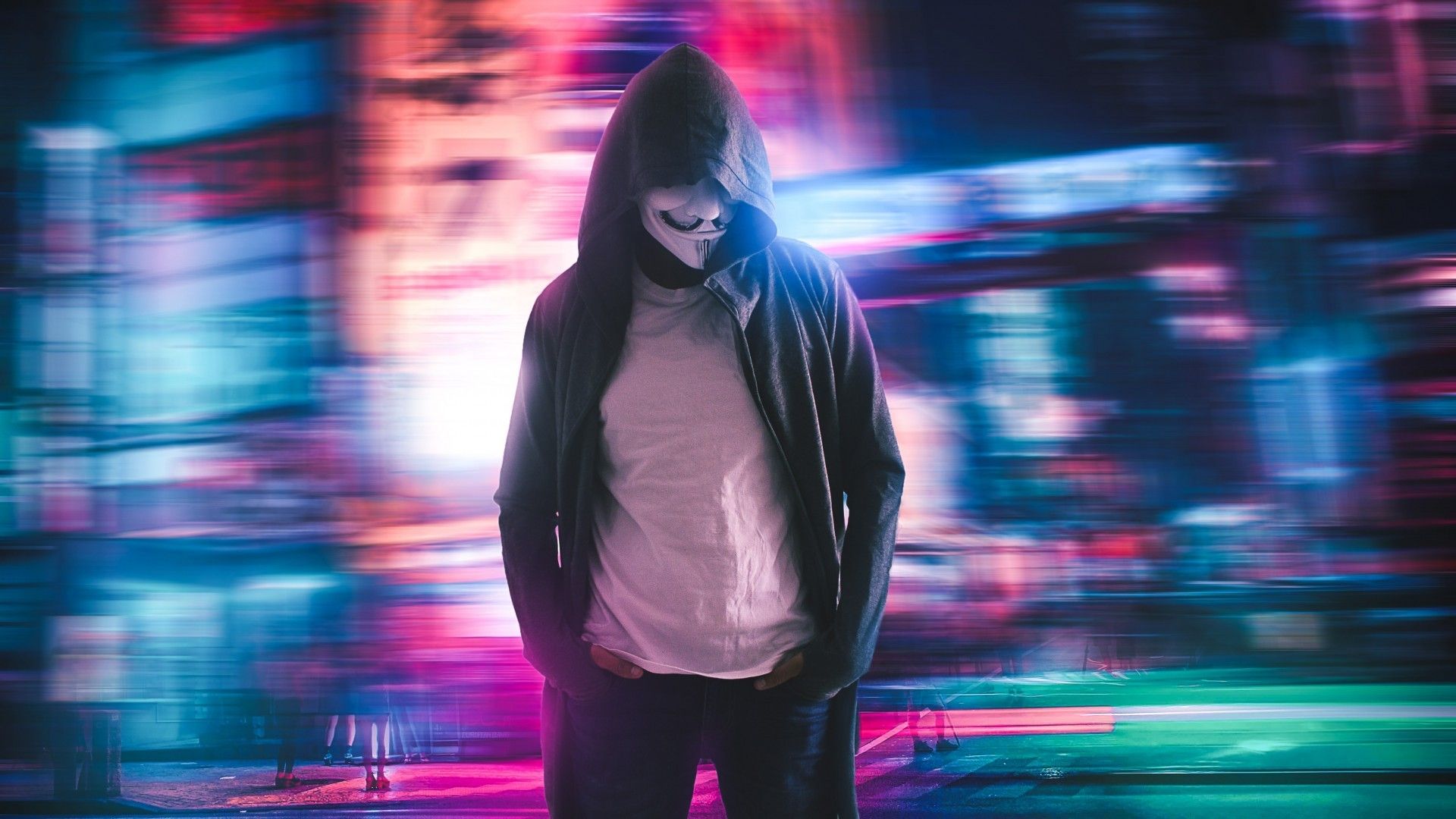 Download 1920x1080 Masked Man, Anonymous, Hoodie, Hacker, Neon