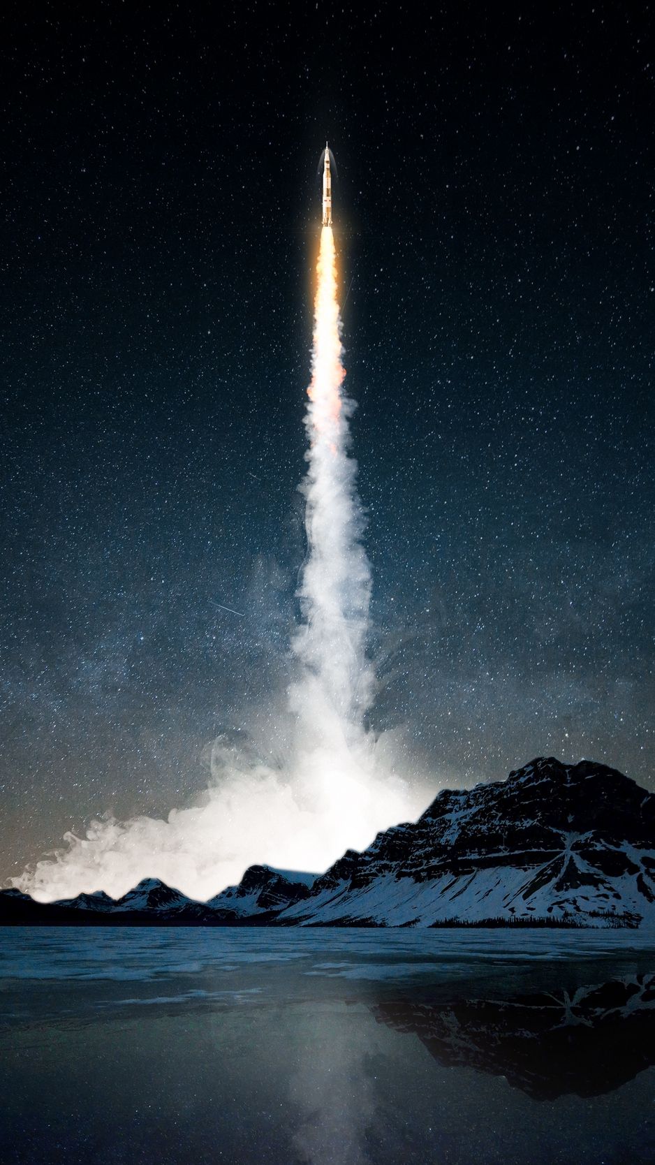 Download wallpaper 938x1668 rocket, smoke, night, starry sky