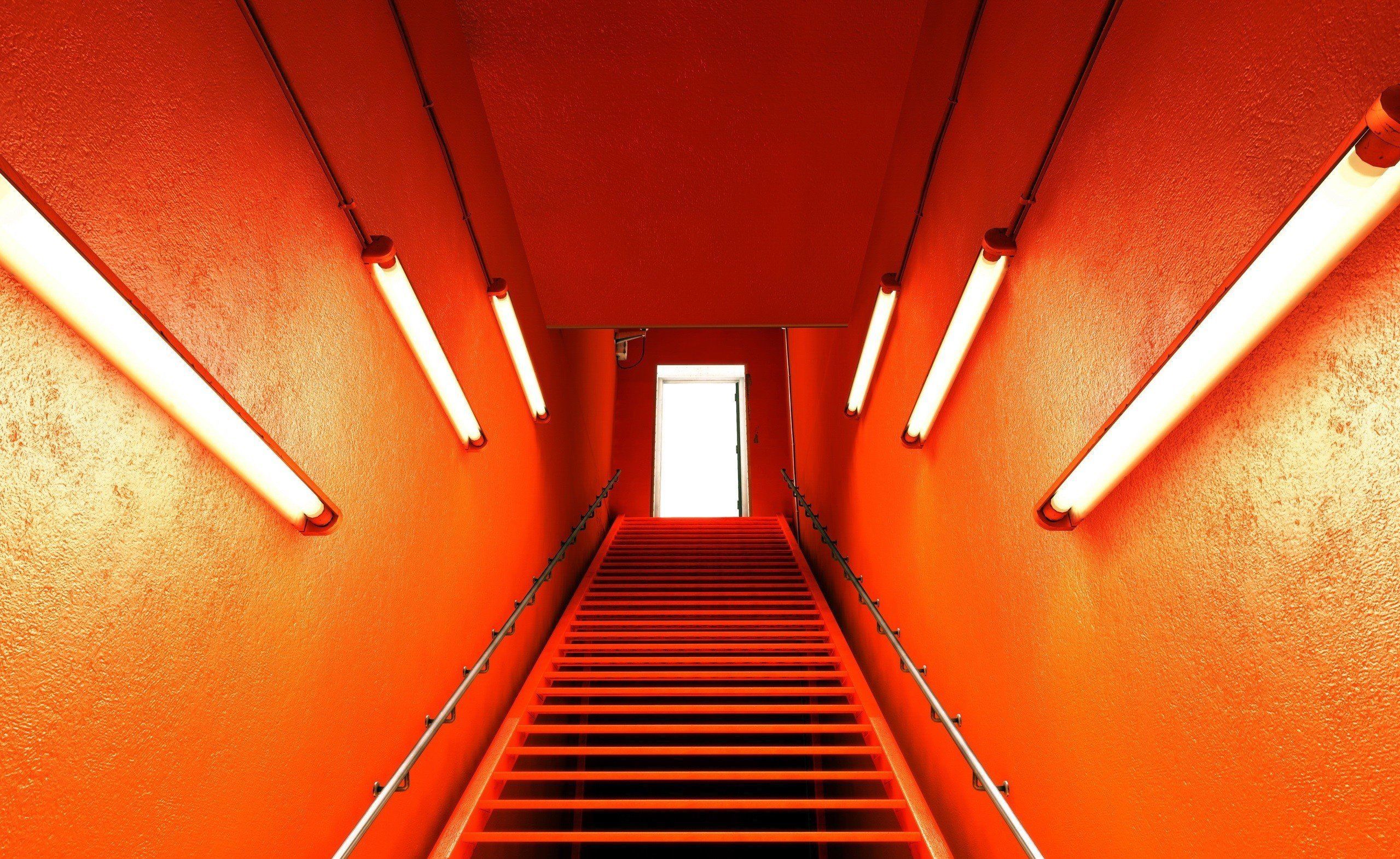 photography, Orange, Stairs, Neon, Lights, Mirrors Edge Wallpaper