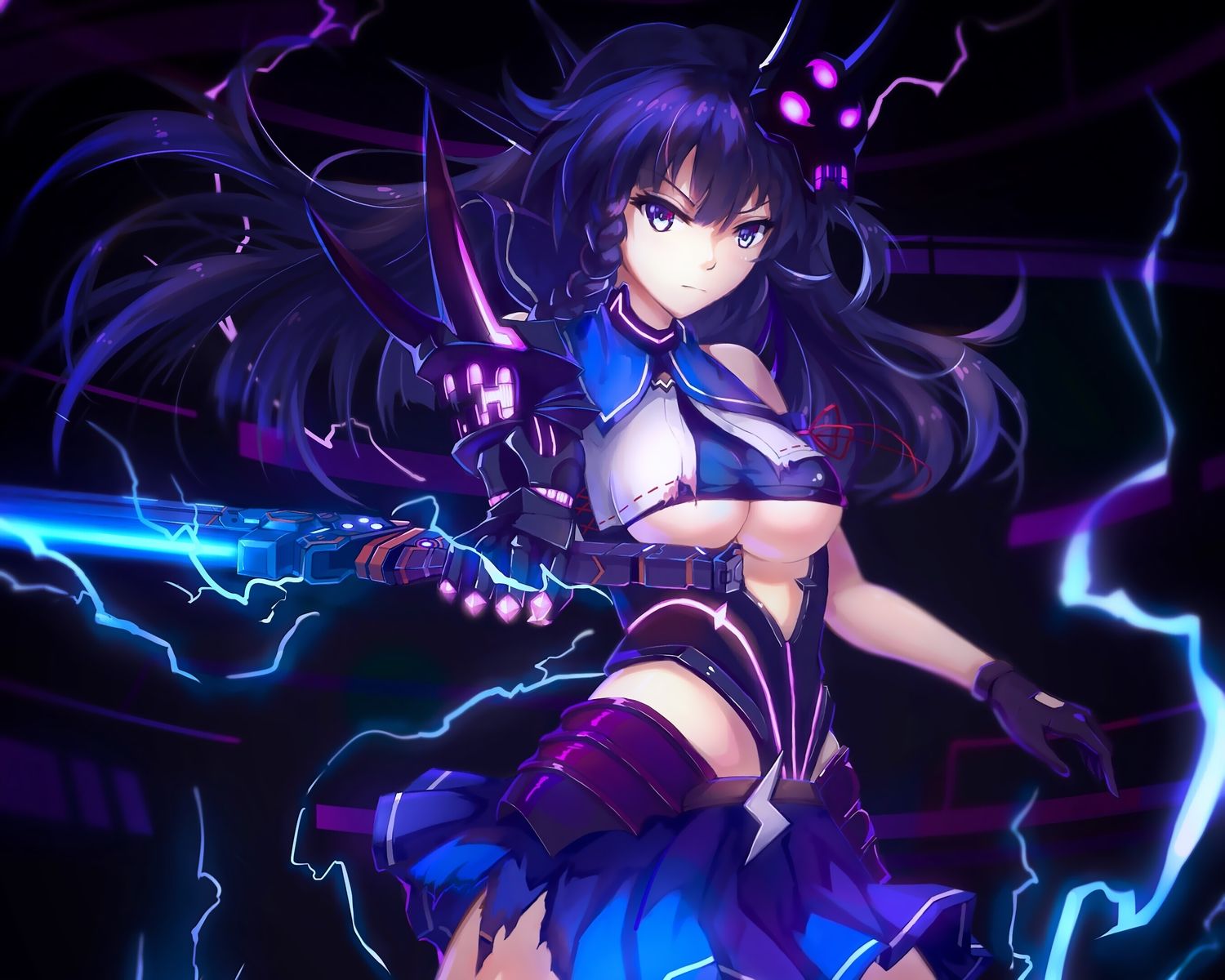 blue eyes blue hair braids breasts cropped gloves honkai impact