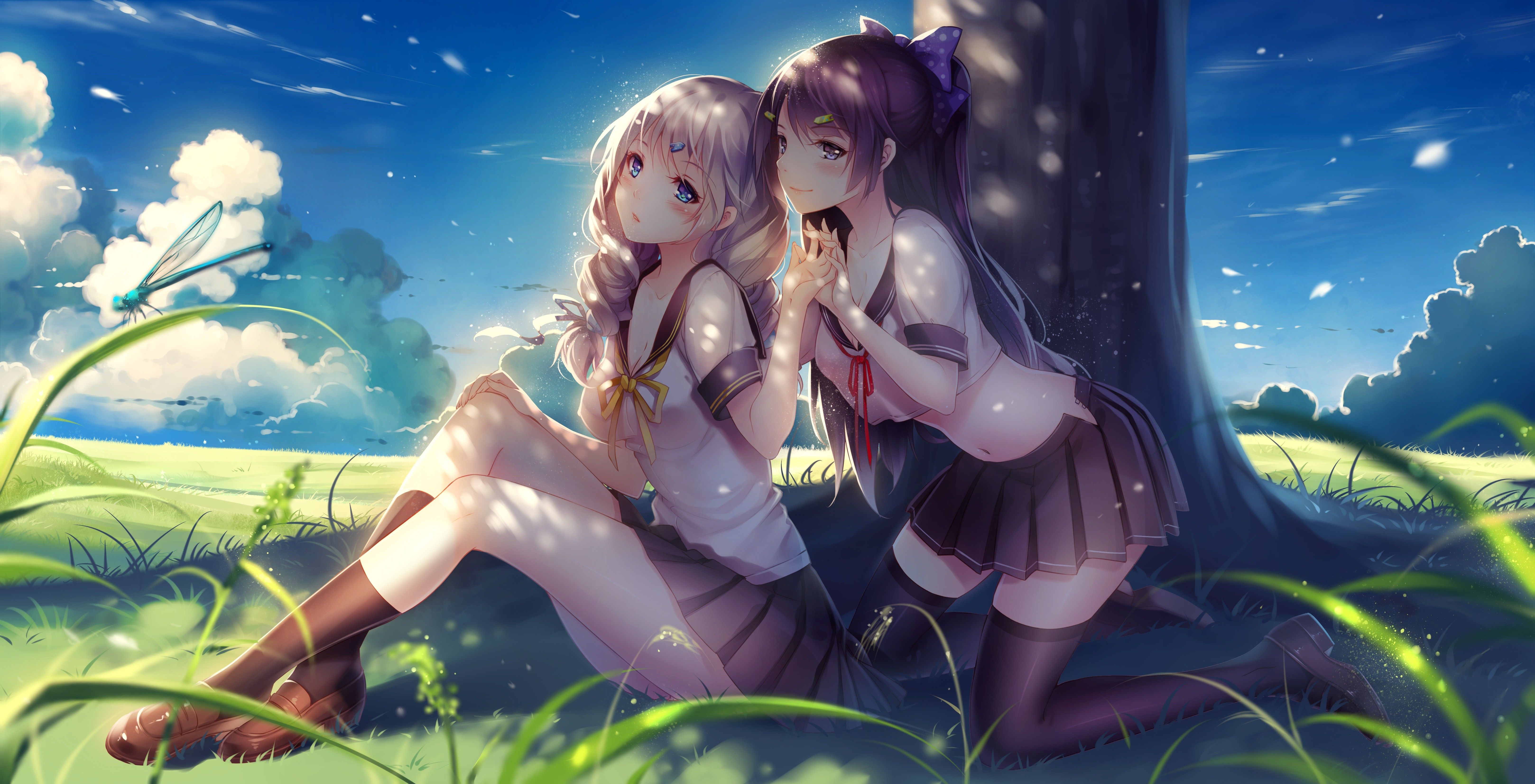anime Girls, School Uniform, Trees, Thigh highs, Houkai Gakuen