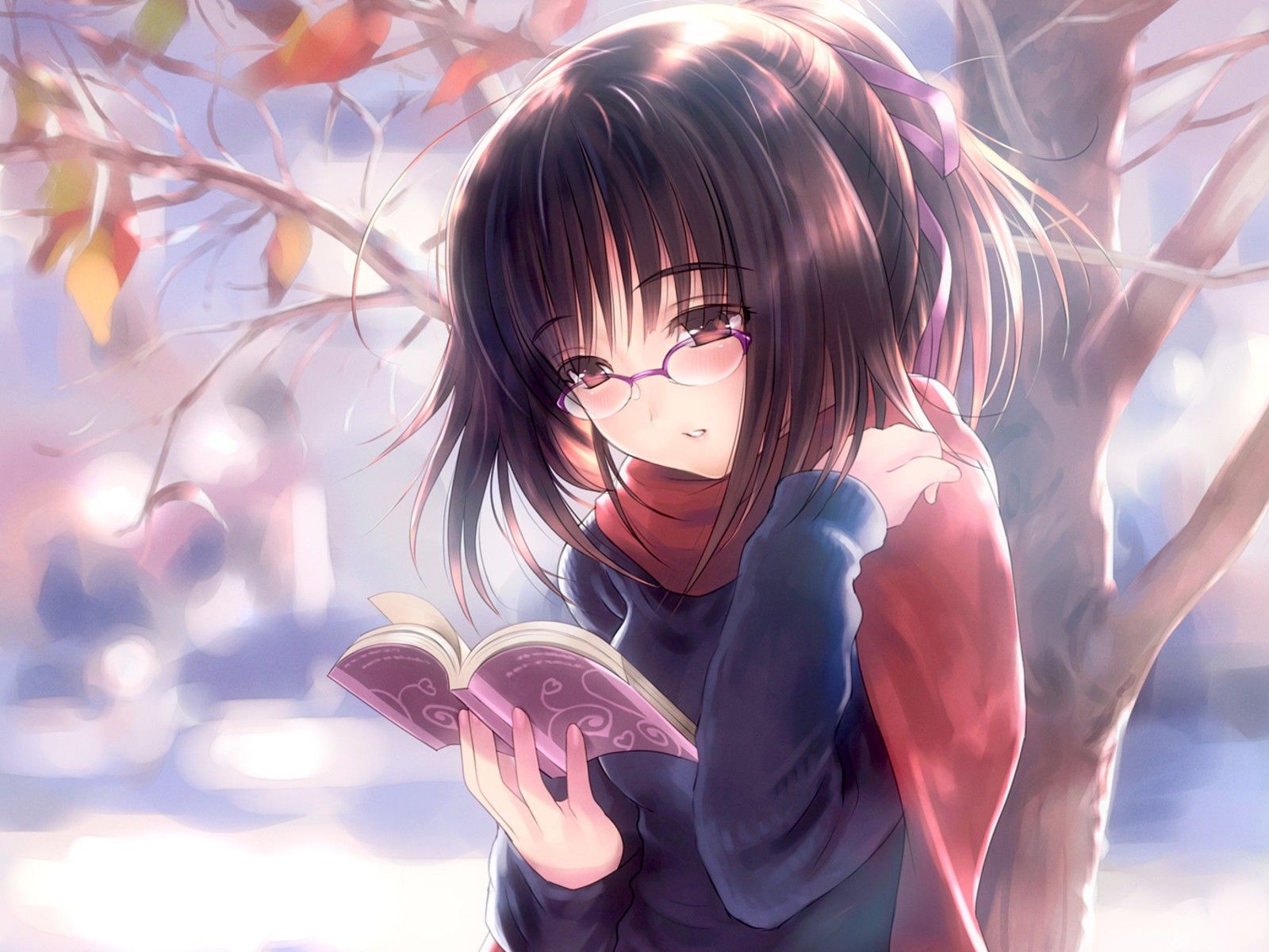 brunettes, reading, glasses, books, meganekko, anime, anime girls