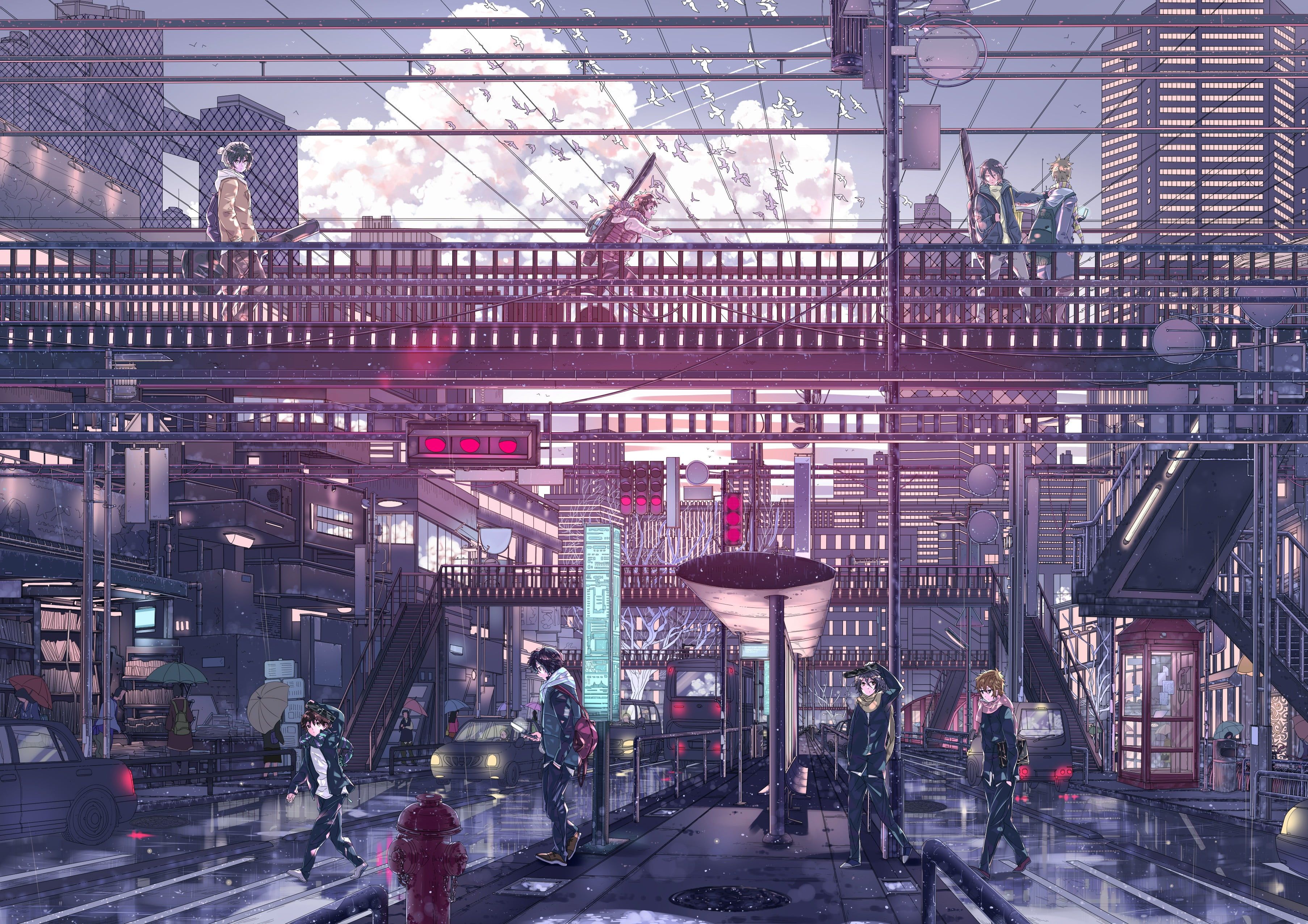 Train station with people anime digital .wallpaperflare.com
