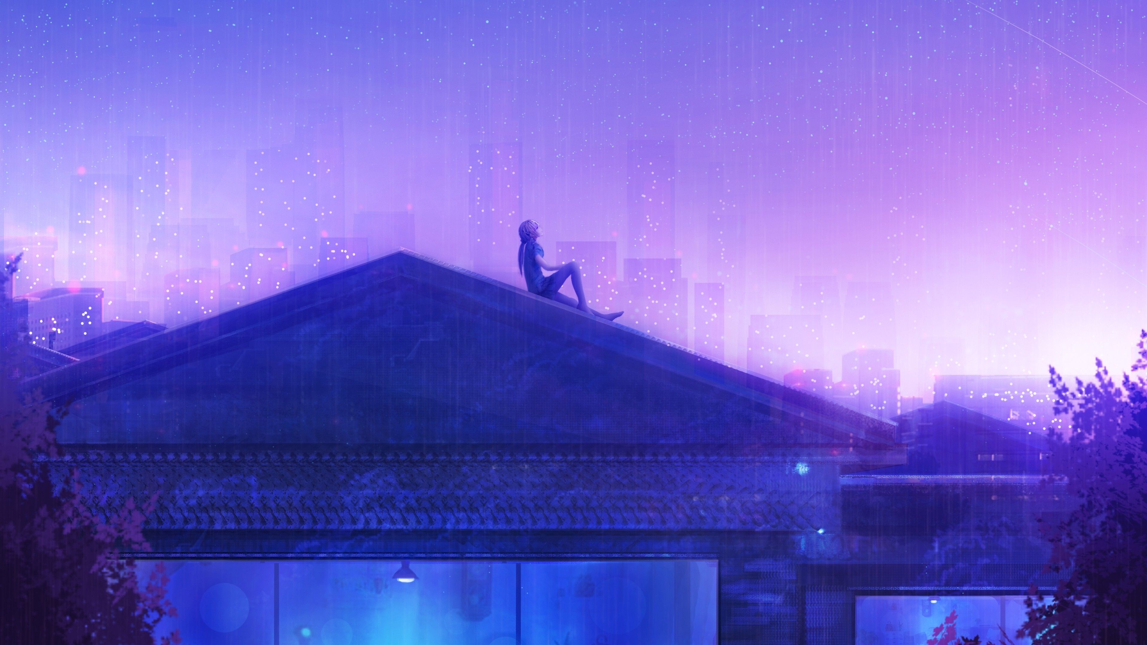 Download 3840x2160 Anime Girl, Rooftop, Stars, Raining, Buildings