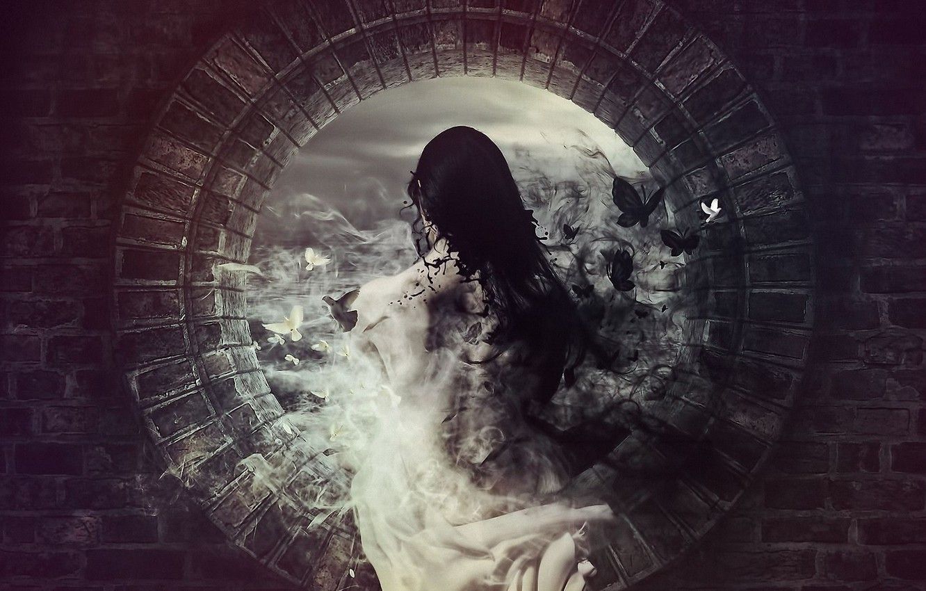 Wallpaper girl, birds, wall, smoke, window image for desktop