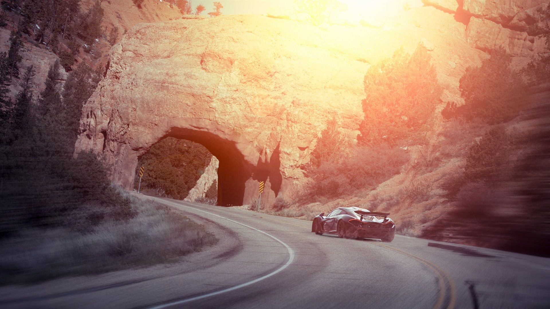 Wallpaper McLaren P1 supercar rear view, drift, smoke, sunset