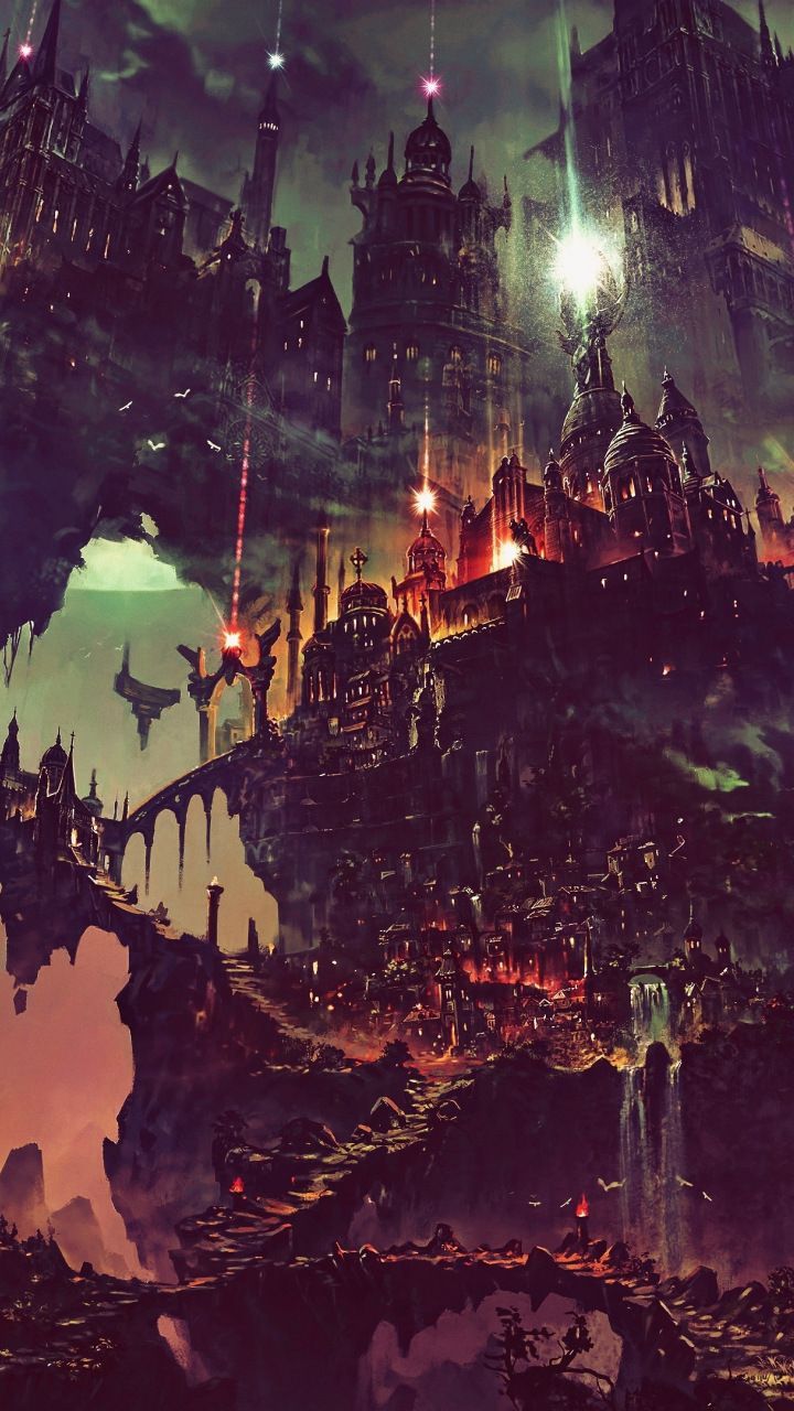 Fantasy, flying city, dark, art, 720x1280 wallpaper. Dark fantasy