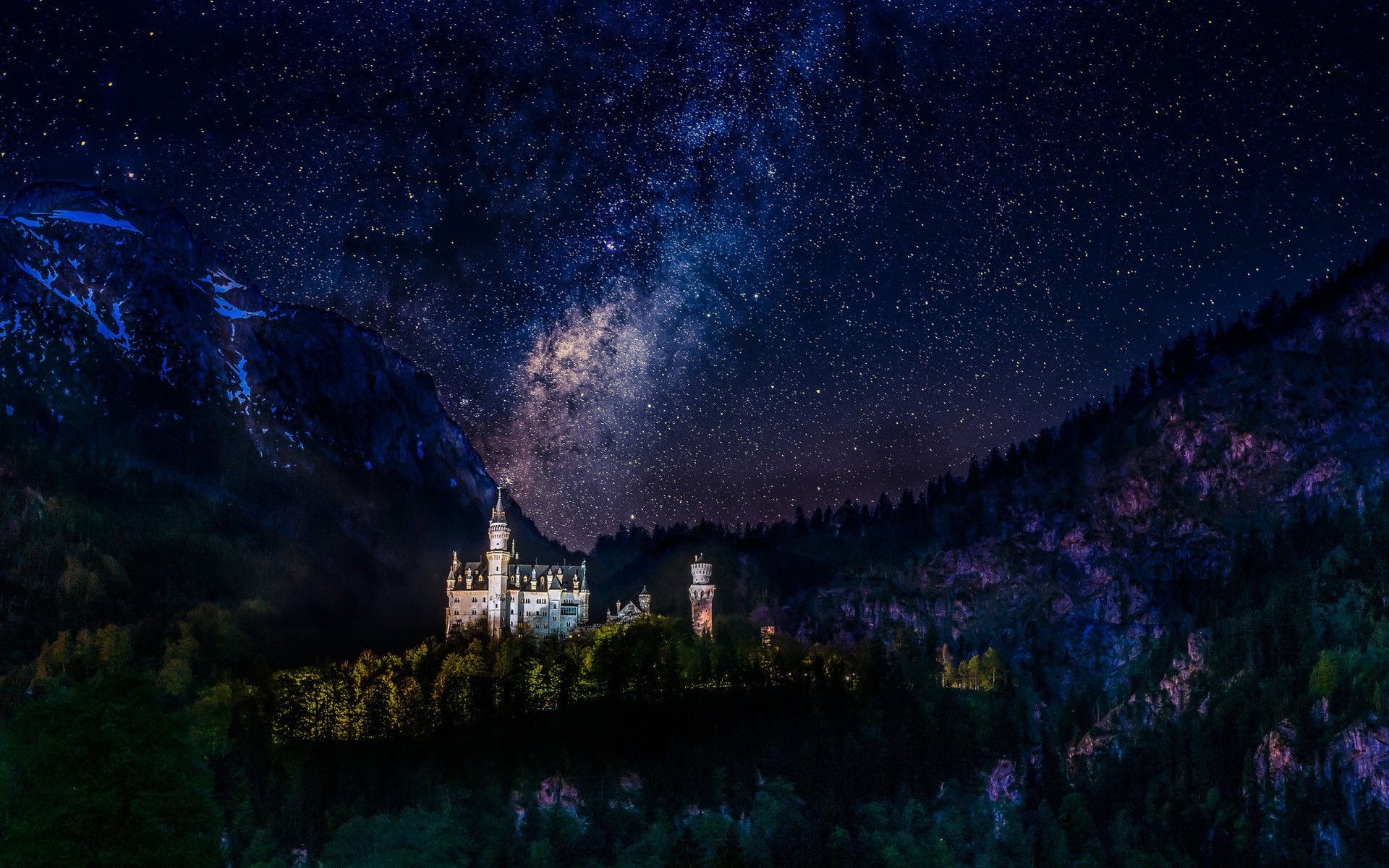 Neuschwanstein Castle, Germany, Night, Milky Way, Stars