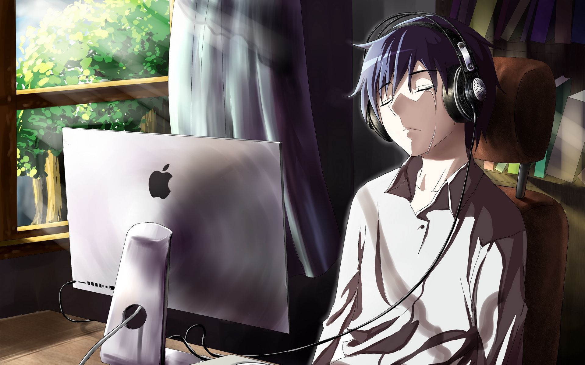 Wallpaper guy, anime, computer, tears, sadness, room