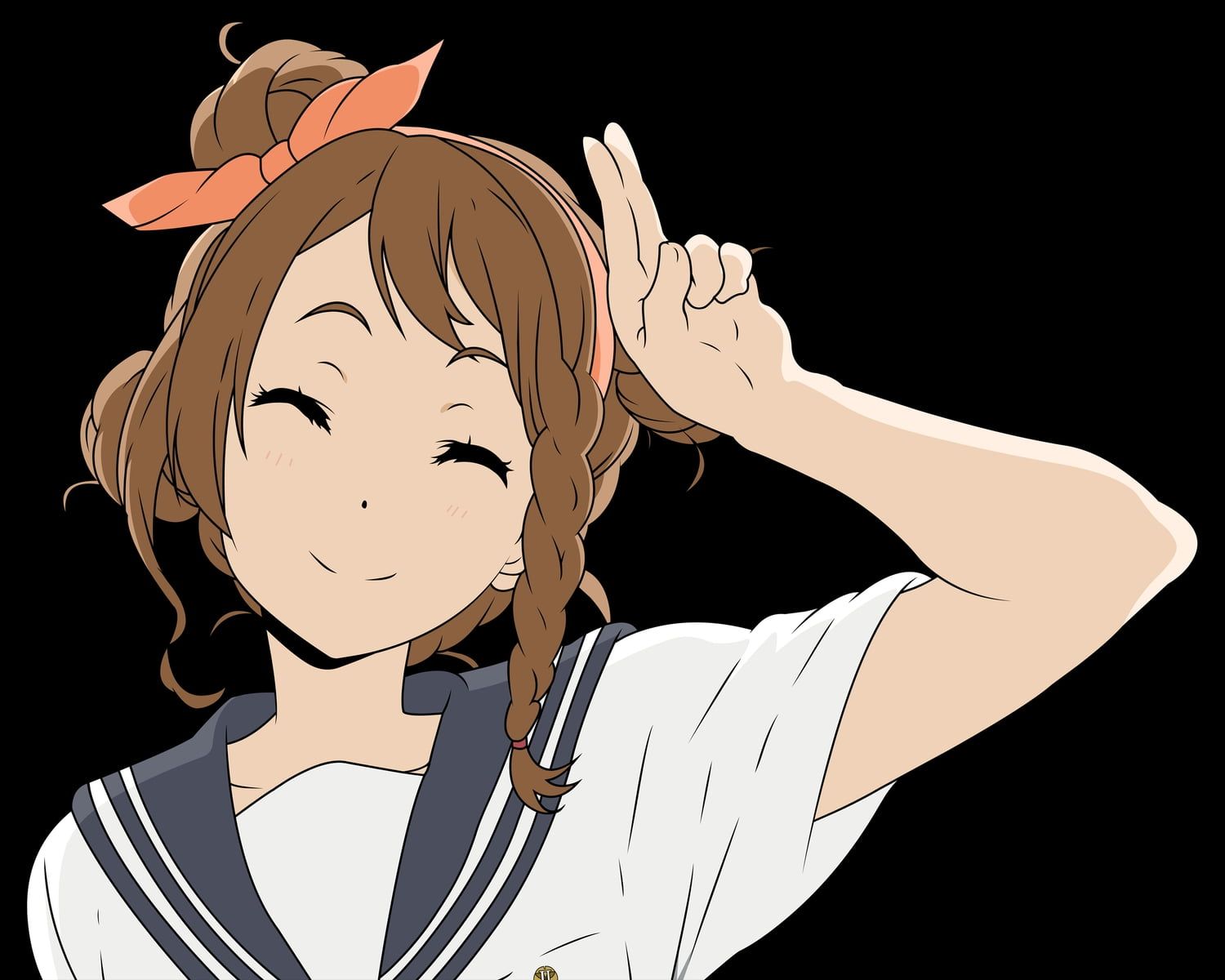 Female anime character with brown braided hair and wearing white.