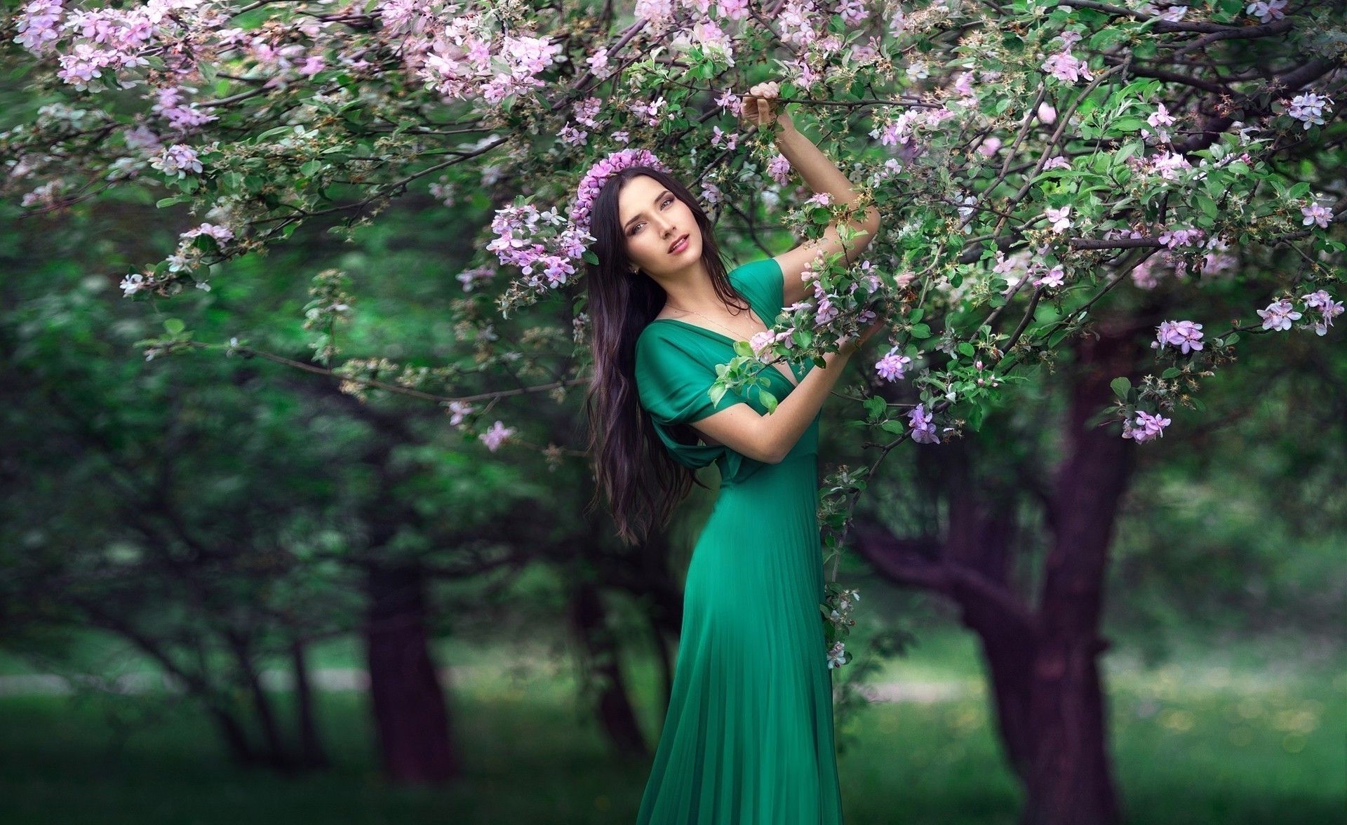 women Outdoors, Women, Model, Trees, Flowers Wallpaper HD
