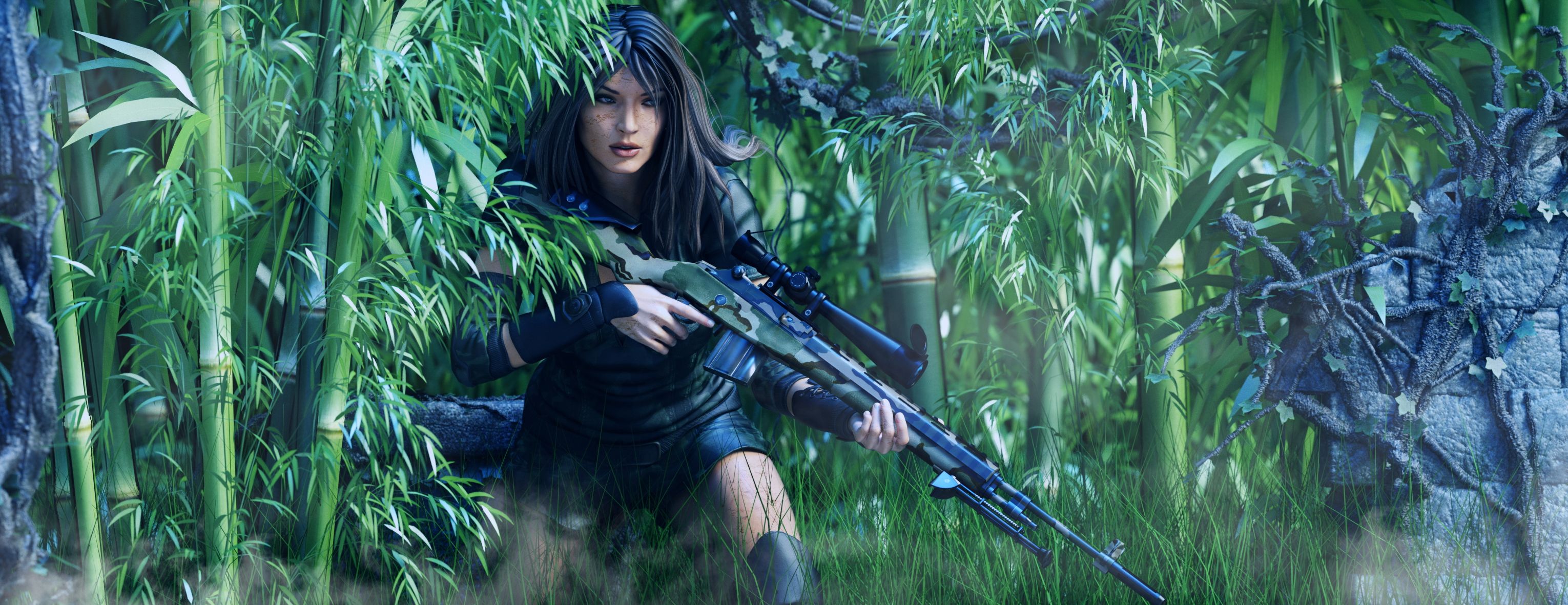 Desktop Wallpaper Sniper rifle Snipers Soldiers Girls 3060x1181