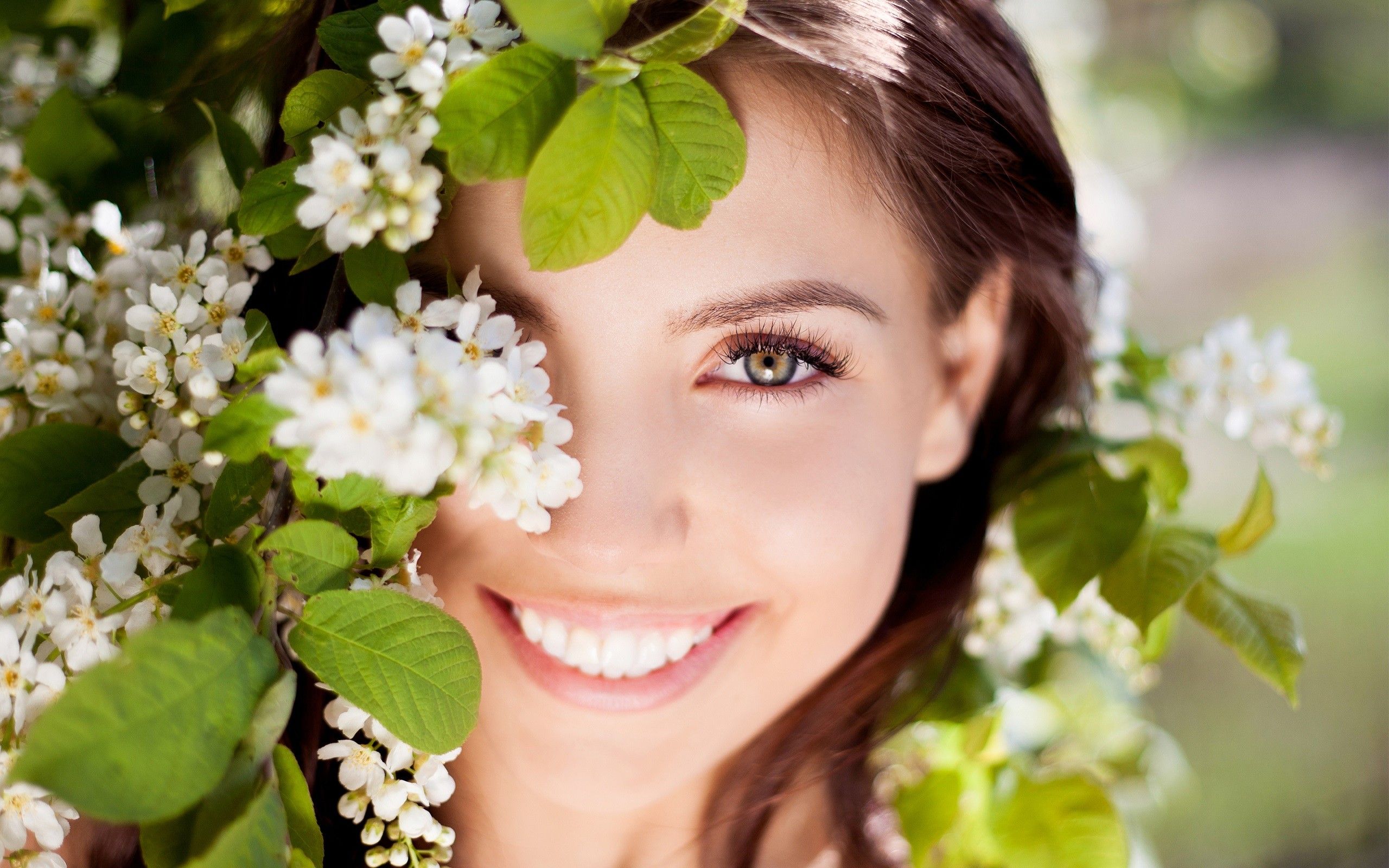 smiling, nature, blossom, women, flowers, leaves, auburn hair