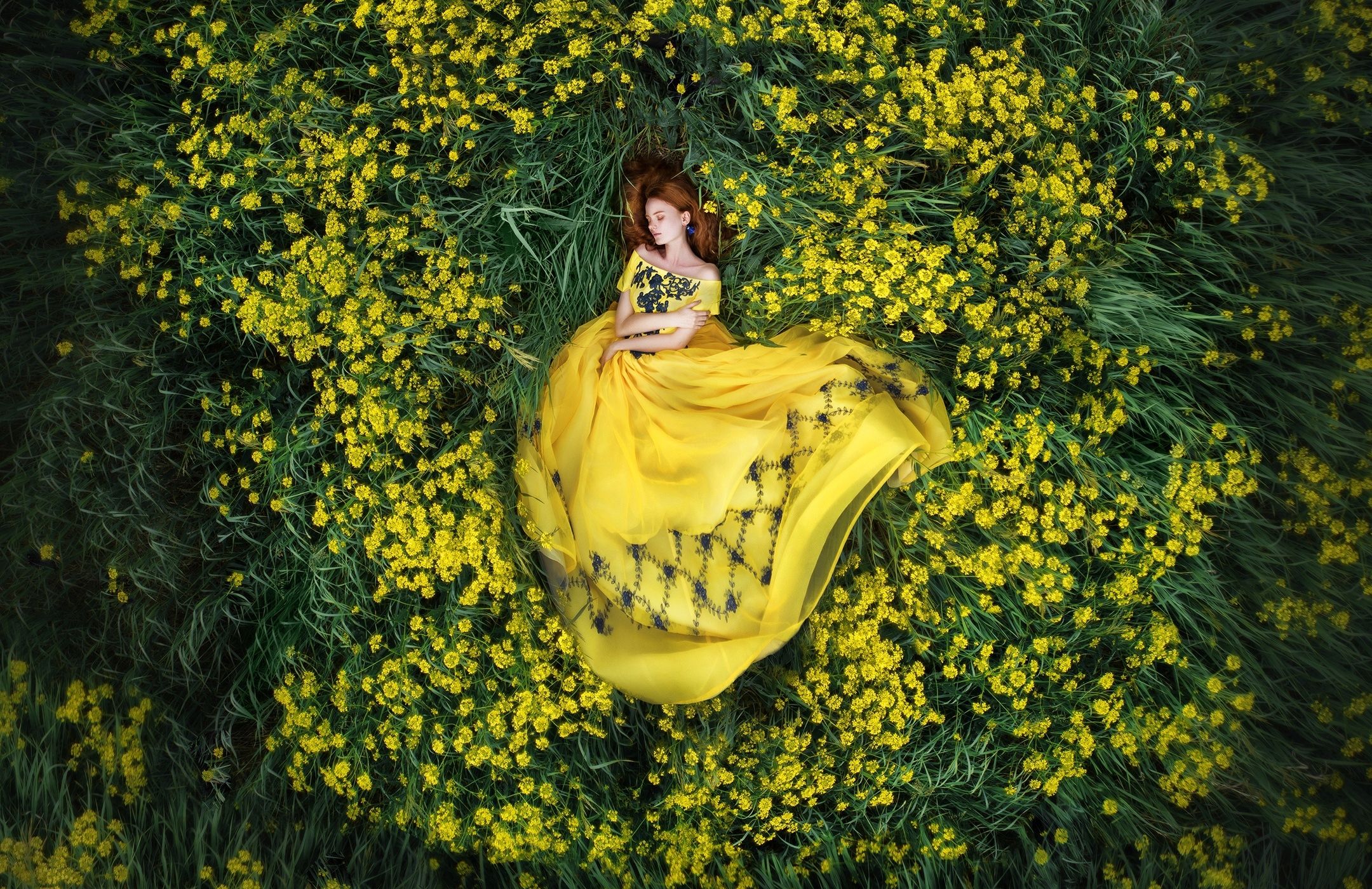 Women Mood Model Woman Redhead Yellow Flower Lying Down Yellow