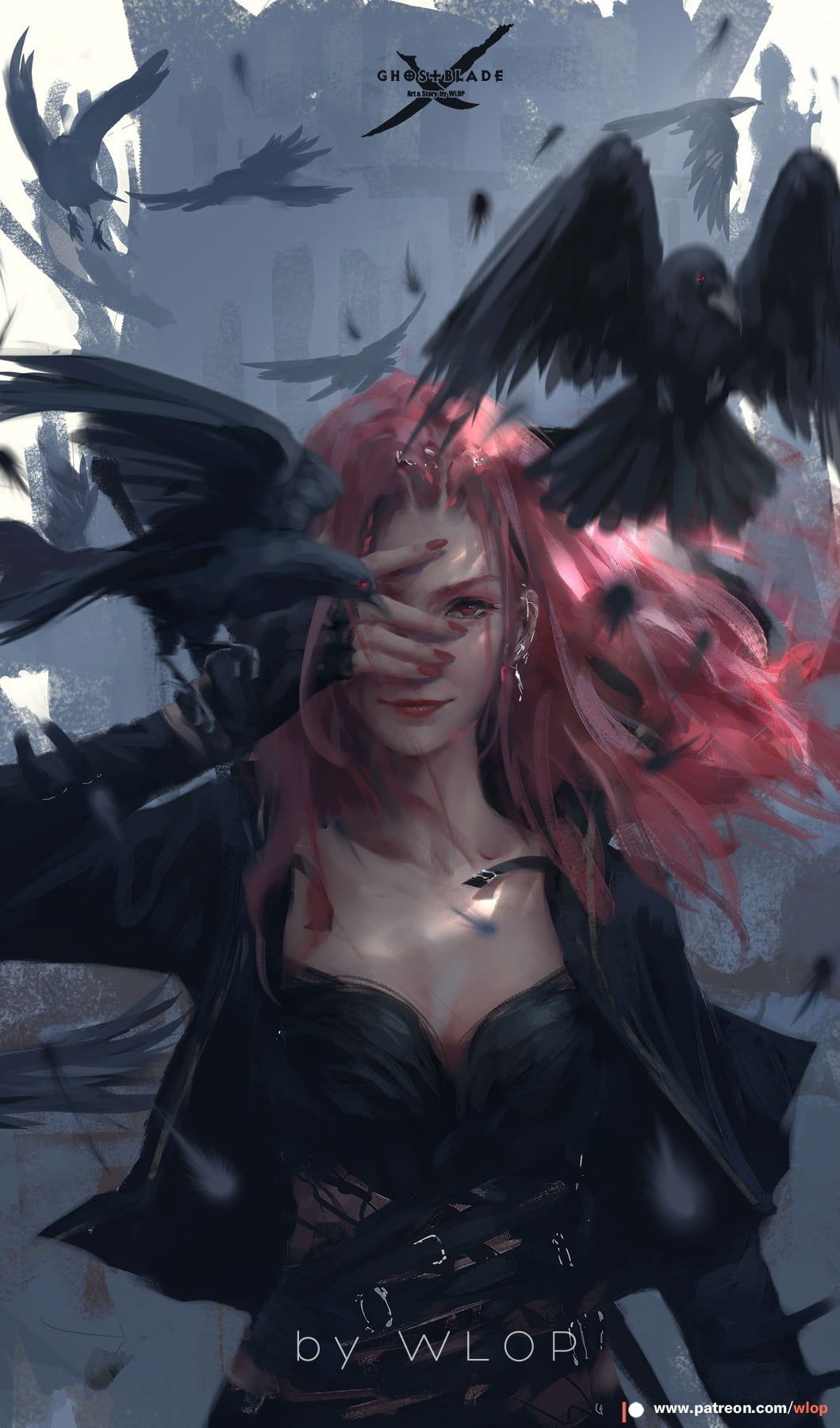 Ghost Blade #WLOP anime girls #birds #anime #redhead painted nails
