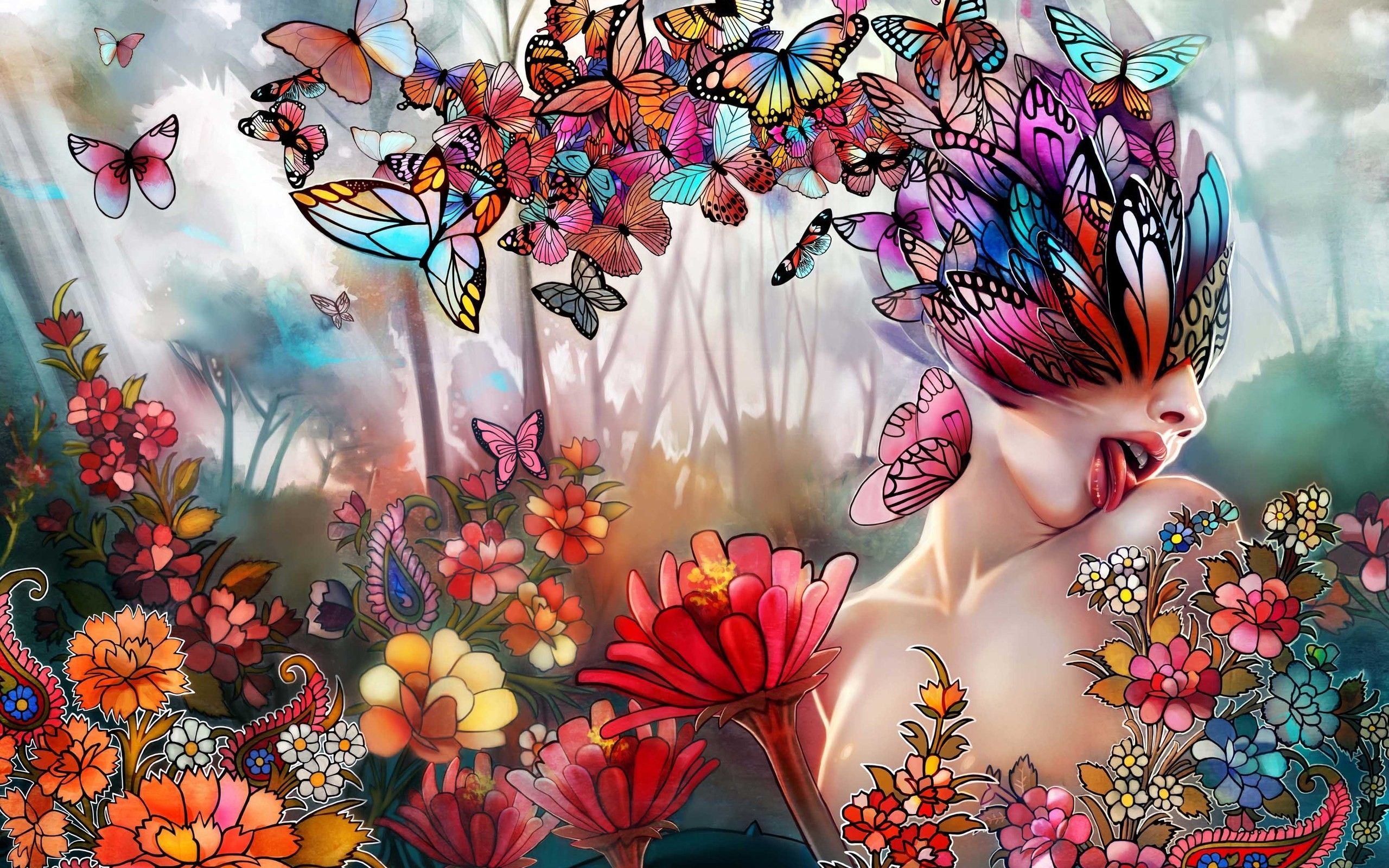 women abstract multicolor flowers butterflies 2560x1600 wallpaper