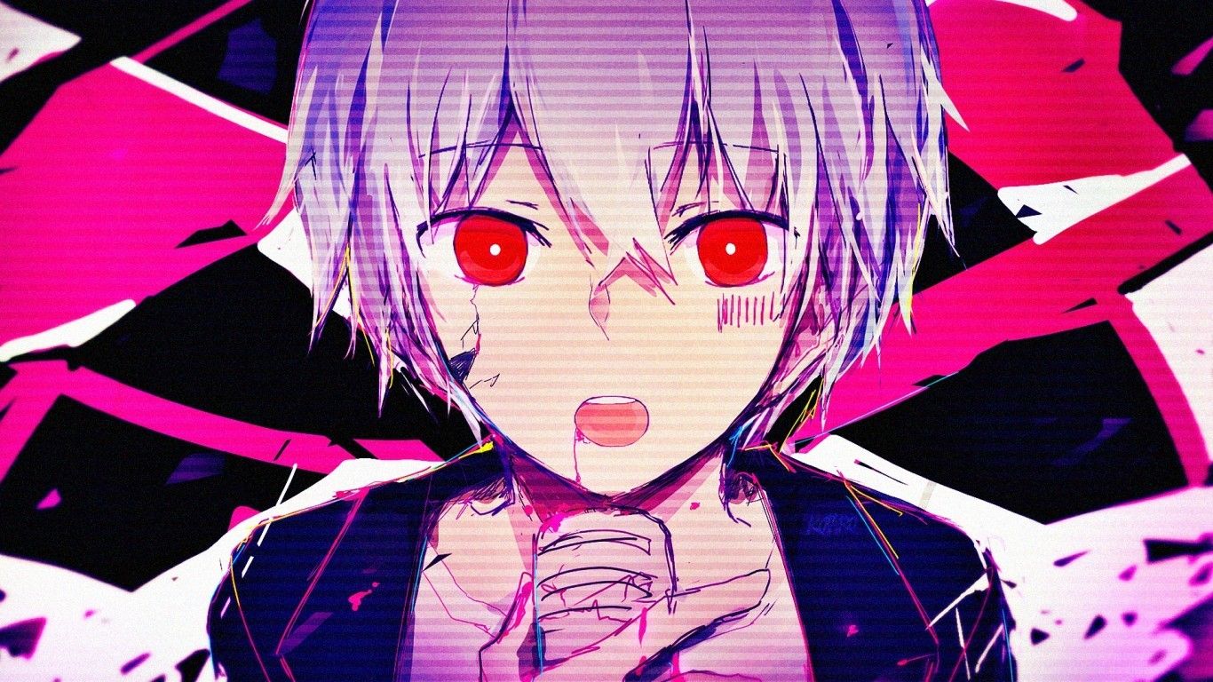 Download 1366x768 Anime Boy, Glitch, Red Eyes, Face Portrait