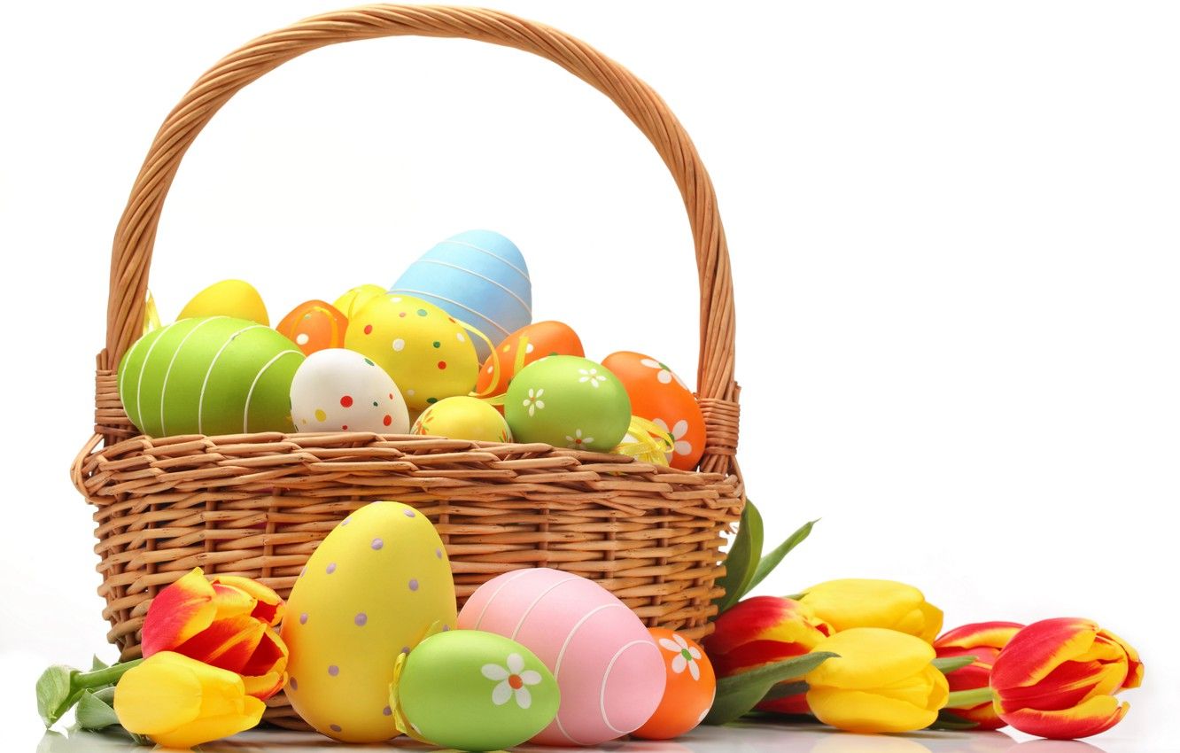 Wallpaper basket, eggs, colorful, Easter, flowers, tulips, eggs