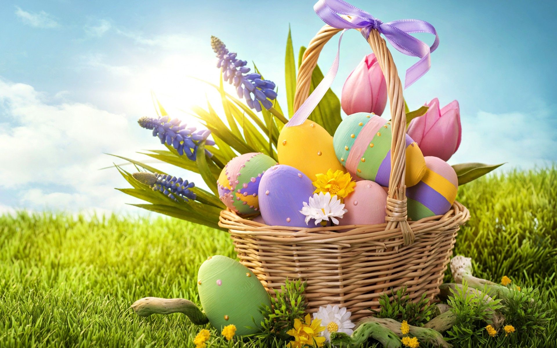 eggs, Easter, Basket, Bow, Grass, Holiday, Flowers, Spring