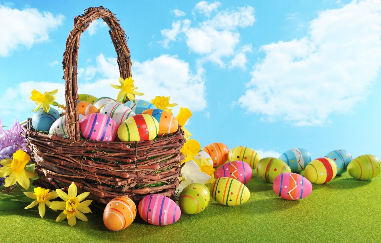 Wallpaper flowers, basket, eggs, Easter, flowers, spring, Easter