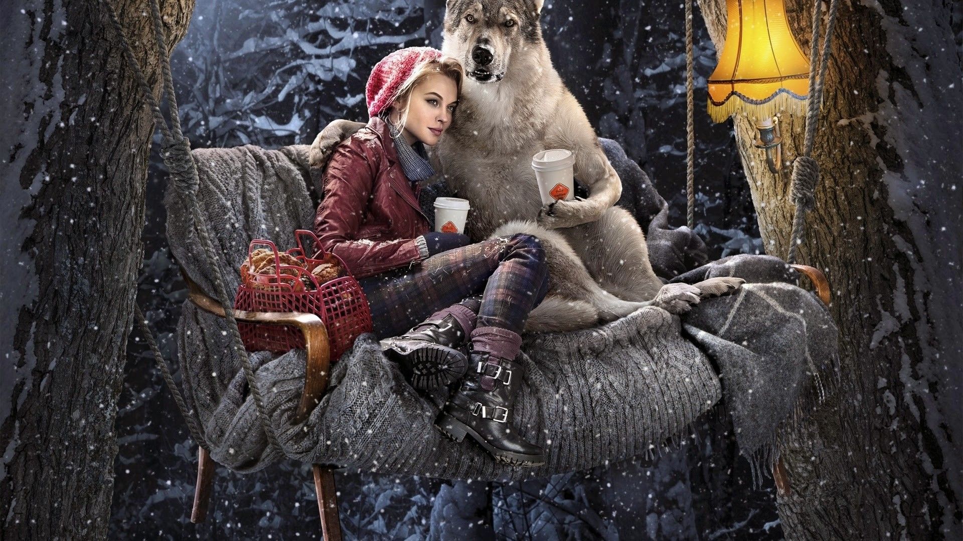 Wallpaper Red Riding Hood, wolf, drink coffee, forest, night, tree