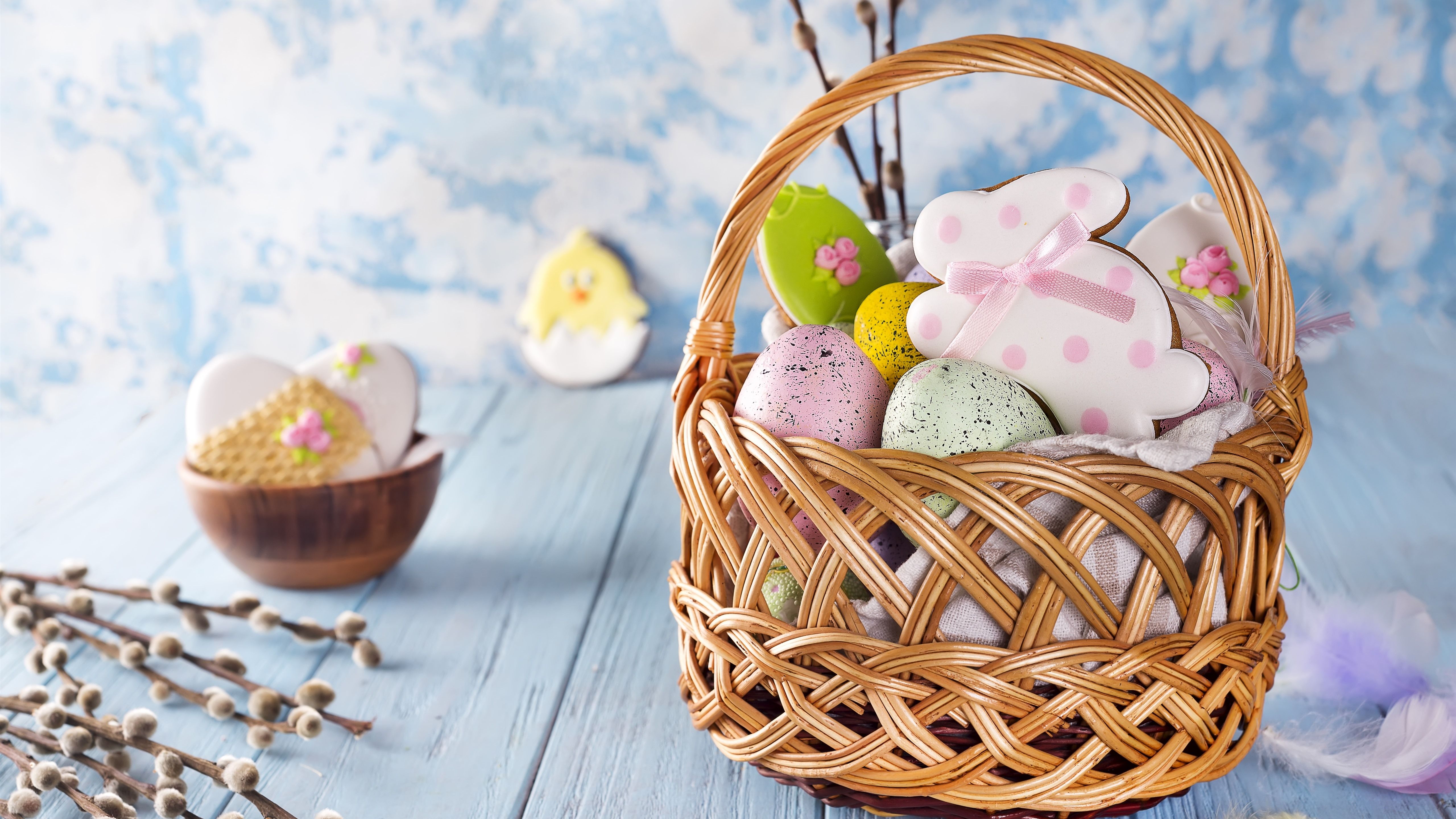 Wallpaper Happy Easter, basket, colorful eggs, rabbit shape