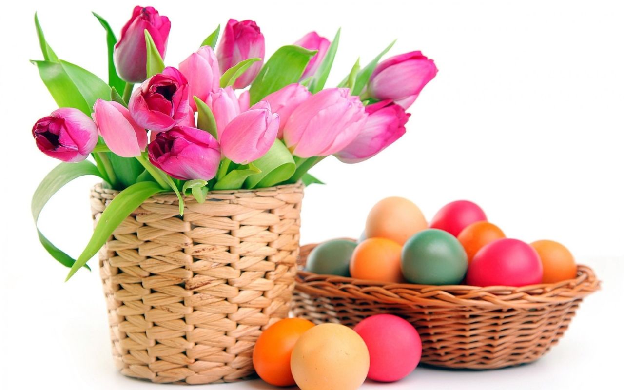 Pink Tulips In Basket Colorful Easter Eggs X Wide Wallpaper Net