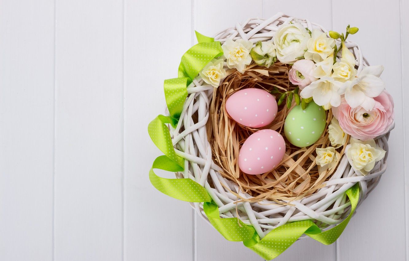 Wallpaper flowers, holiday, Easter, basket, wood, Easter, Eggs