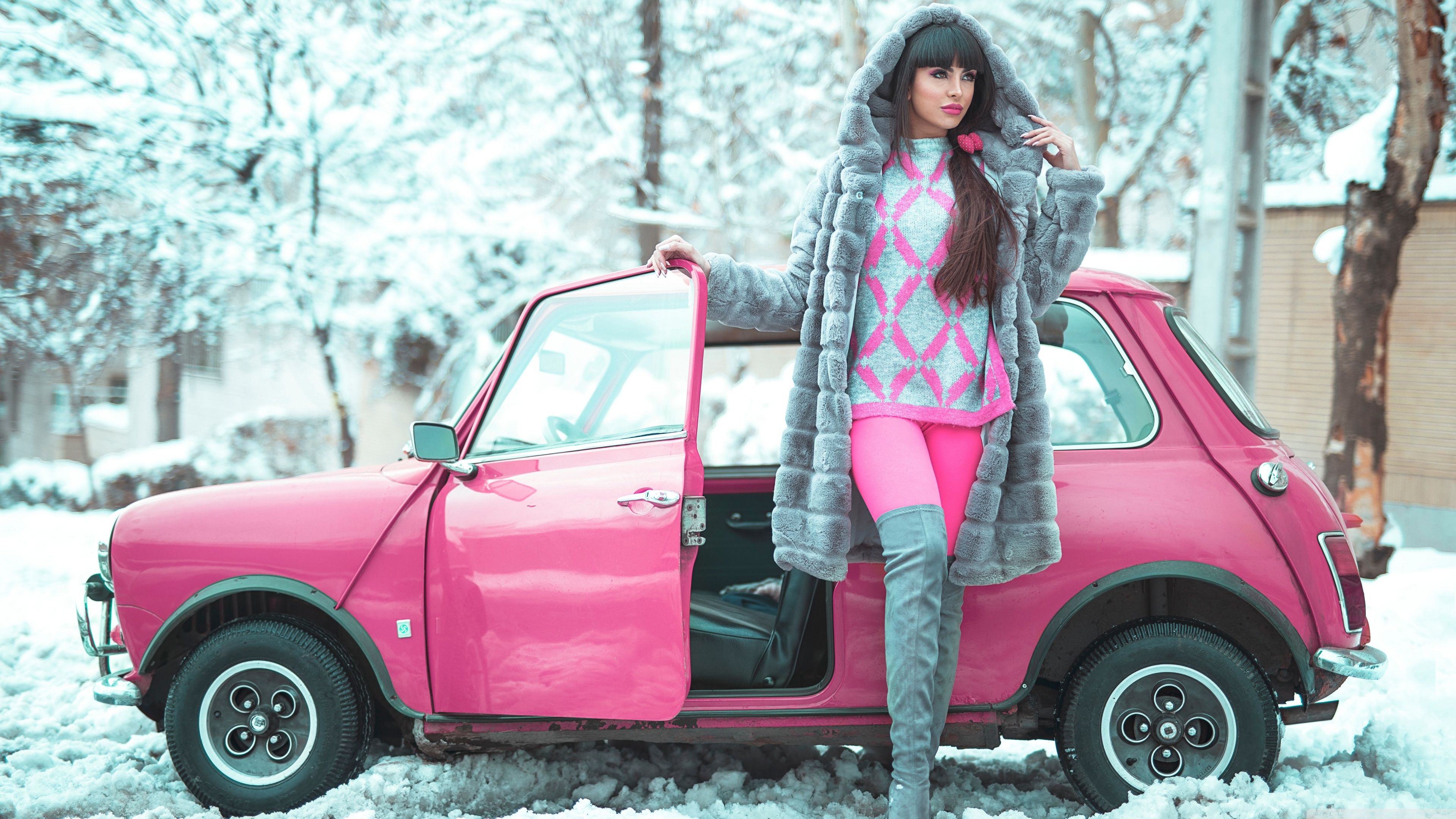 Beautiful Girl, Winter, Pink Retro Small Car Ultra HD Desktop