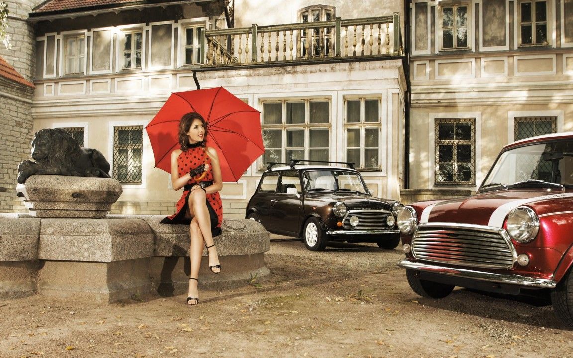 wallpaper girl, retro, dress, umbrella, city, cars, architecture