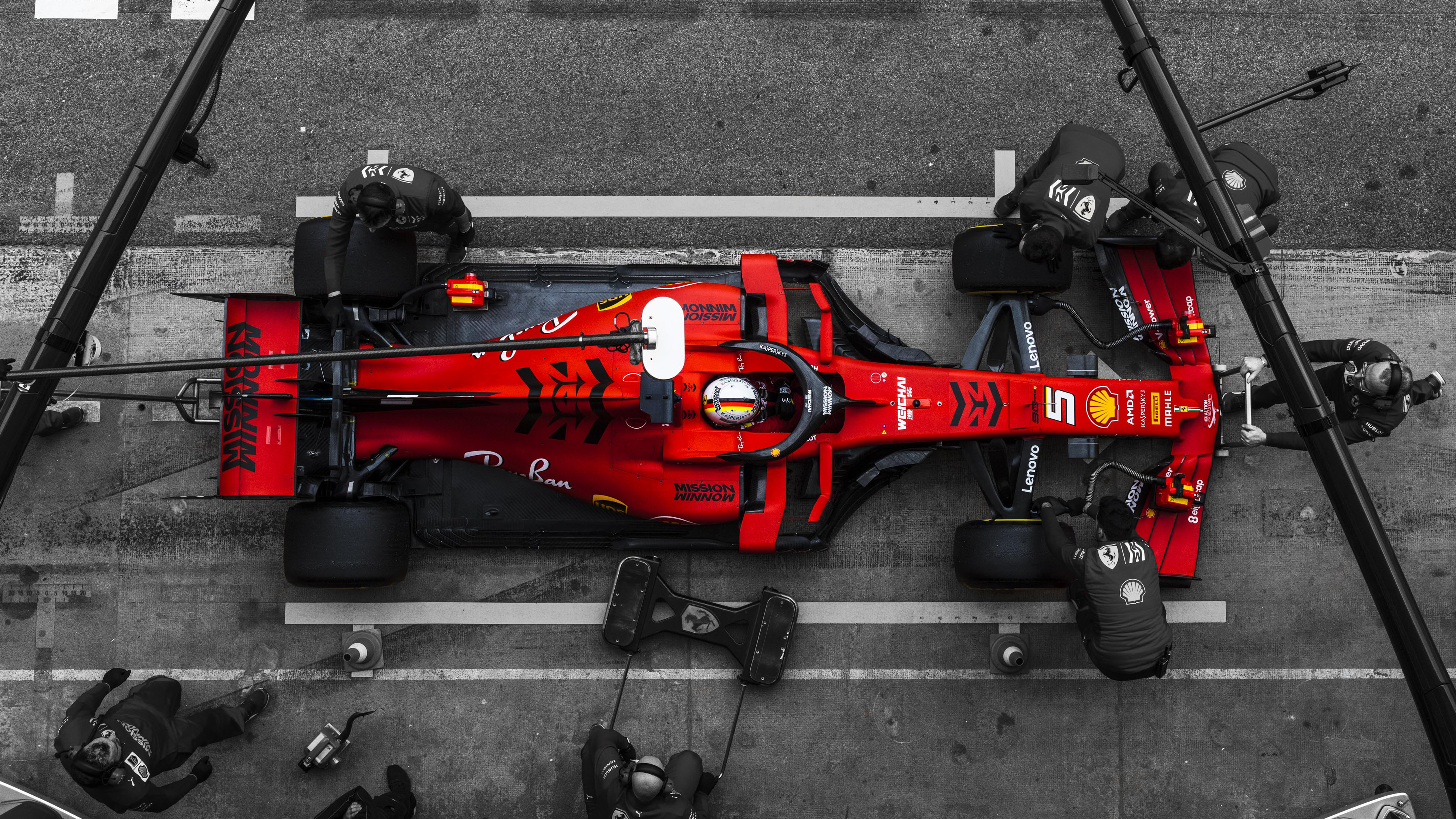 Sebastian Vettel's SF90 in the pits [Desktop Wallpaper]