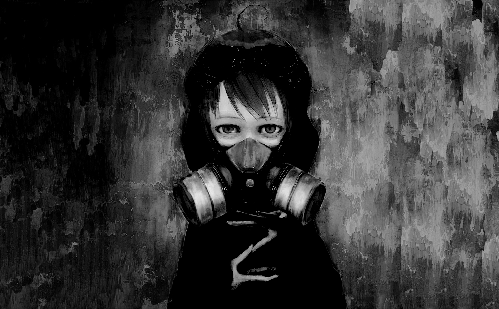 #illustration, #anime girls, #black, #children, #gas masks