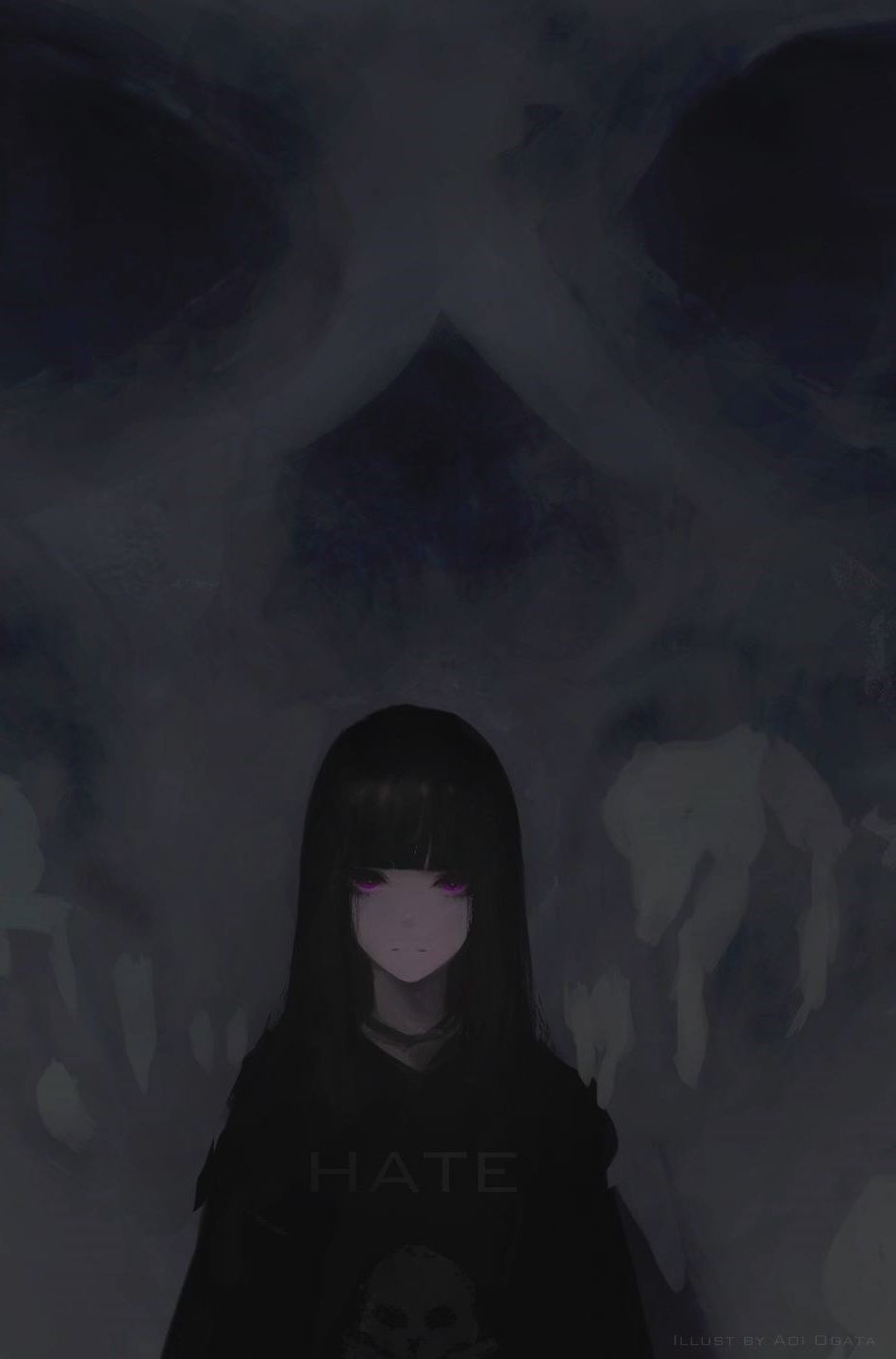 Download 950x1534 wallpaper anime girl, purple eyes, dark, skull