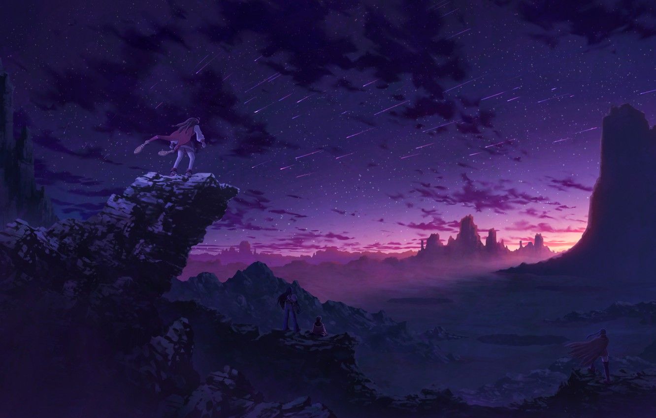 Wallpaper sunset, mountains, rocks, anime, art, four, Starfall