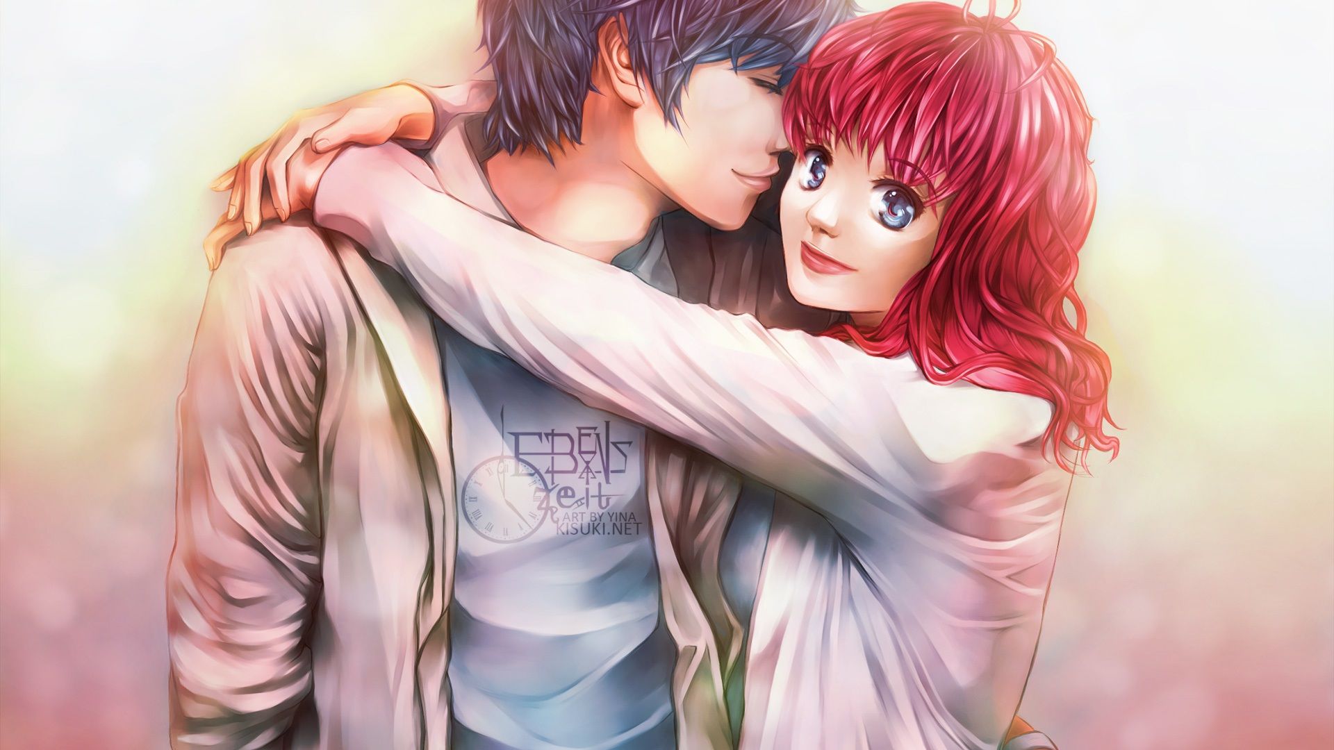 Red hair anime girl with her boyfriend Desktop Wallpaper