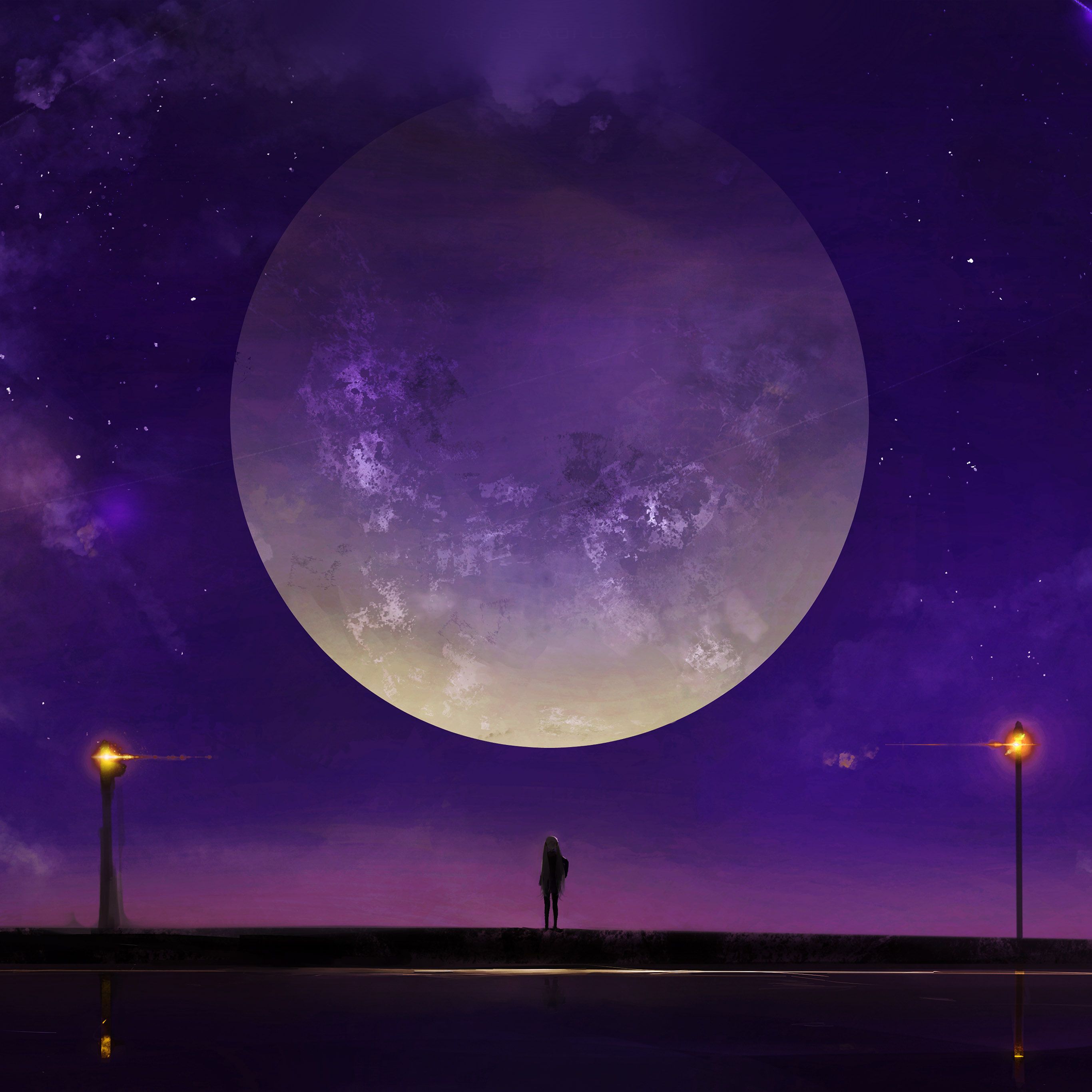 Moon Anime Night Art Illustration Purple Wallpaper